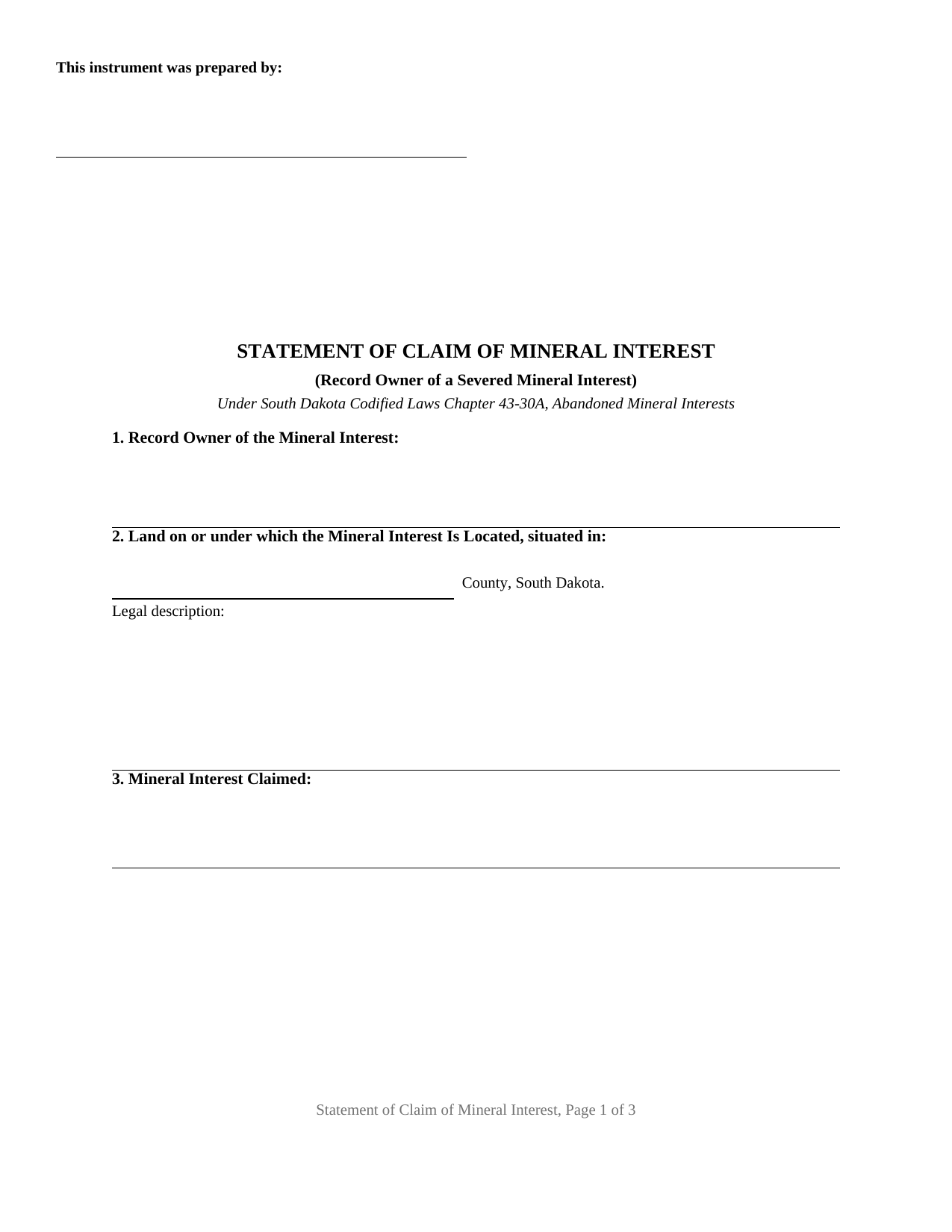 South Dakota Statement of Claim of Mineral Interest