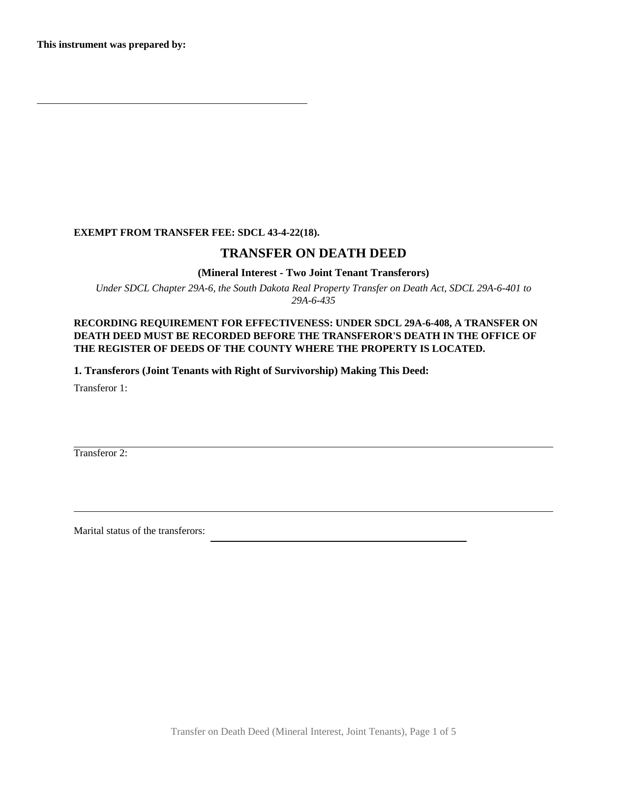 South Dakota Transfer on Death Deed (Mineral Interest - Two Joint Tenant Transferors)