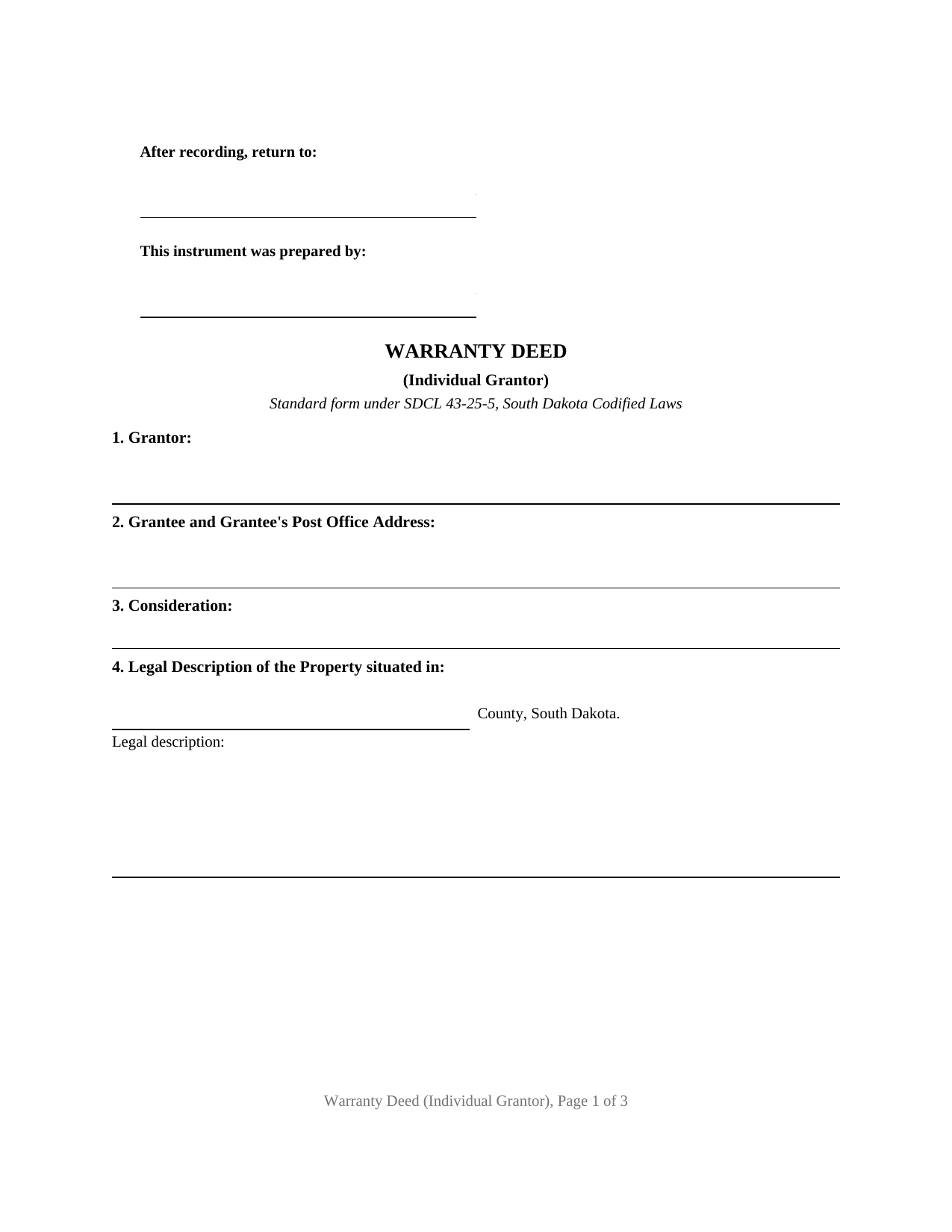South Dakota Warranty Deed (Individual Grantor)