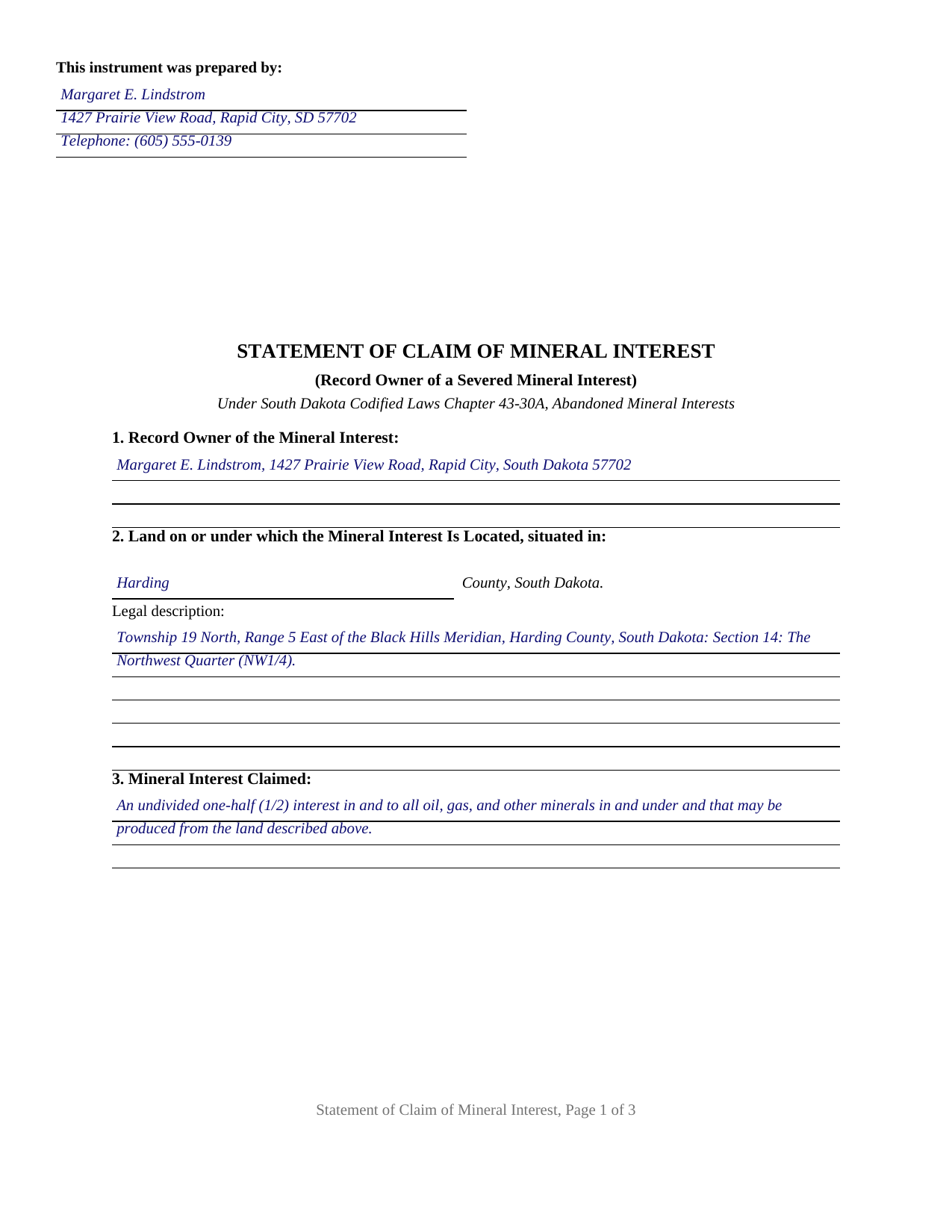 Fall River County Completed Example of the Statement of Claim of Mineral Interest Document