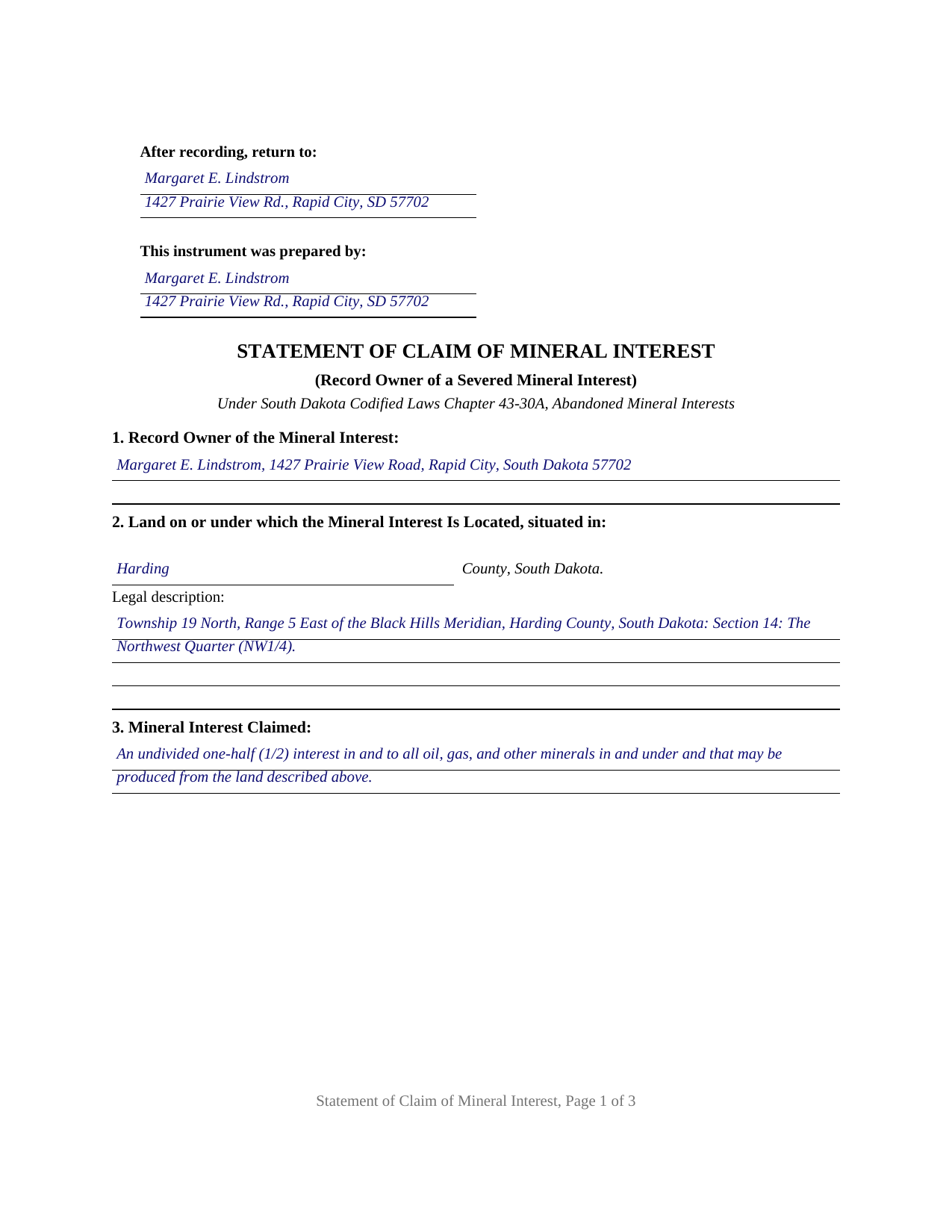 Custer County Completed Example of the Statement of Claim of Mineral Interest Document