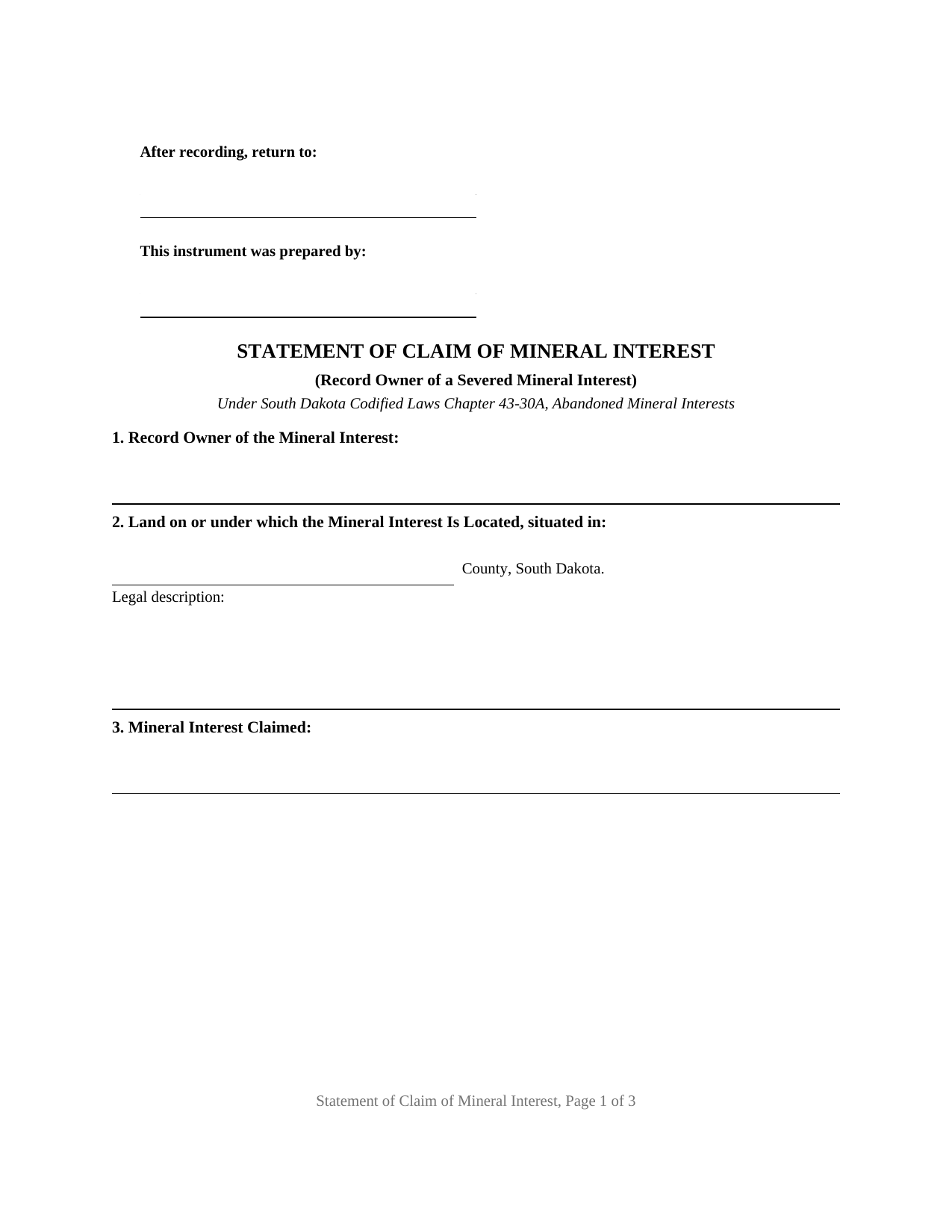 Custer County Statement of Claim of Mineral Interest Form