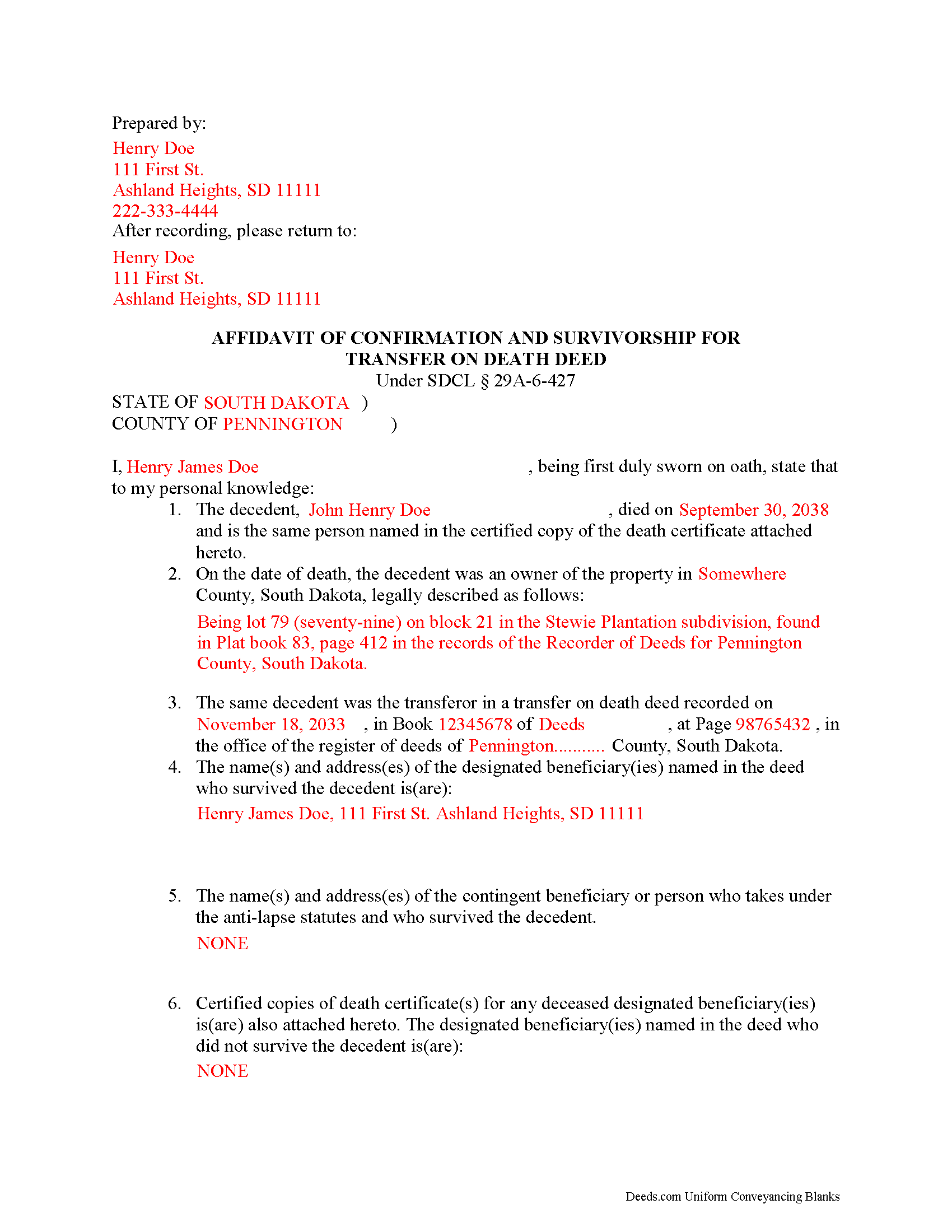 Mccook County Completed Example of the Transfer on Death Affidavit Document