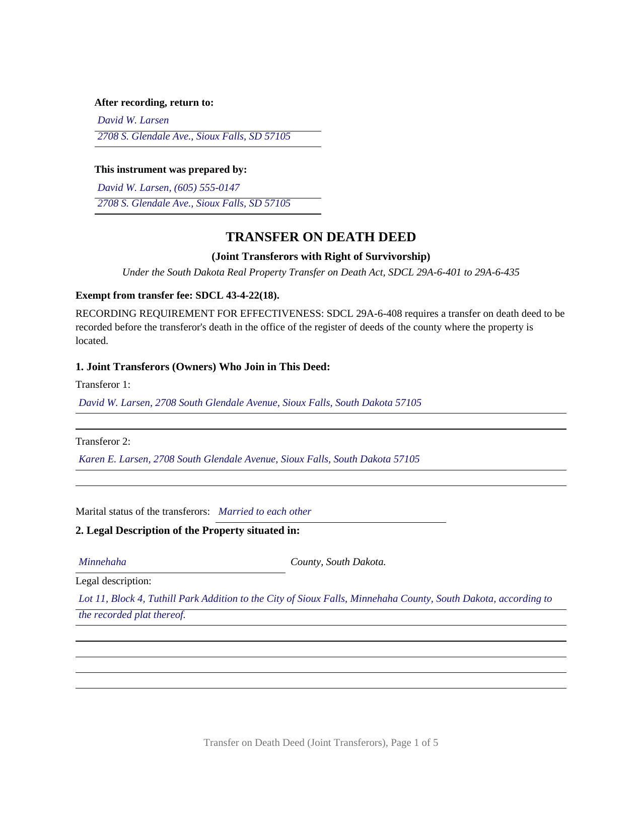 Grant County Completed Example of the Transfer on Death Deed (Joint Transferors with Right of Survivorship) Document