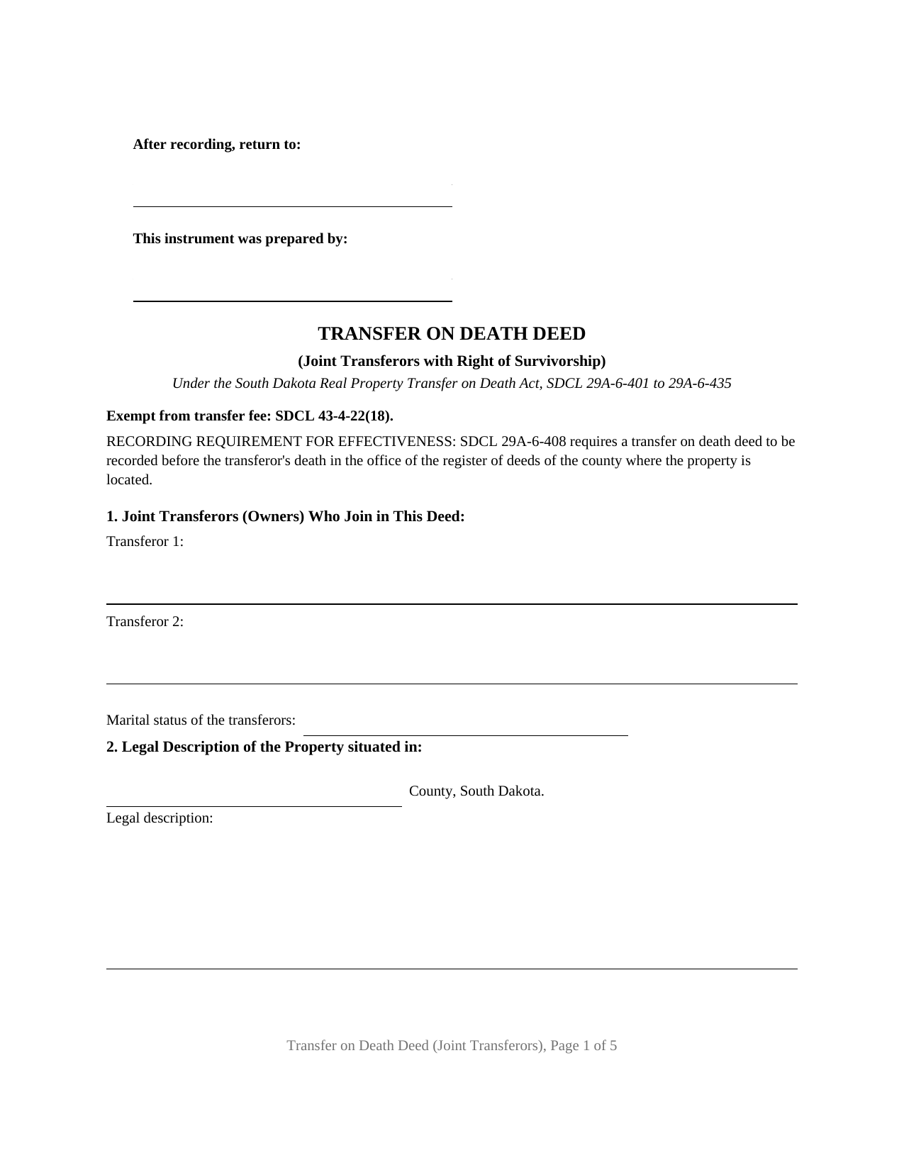 Grant County Transfer on Death Deed (Joint Transferors with Right of Survivorship) Form