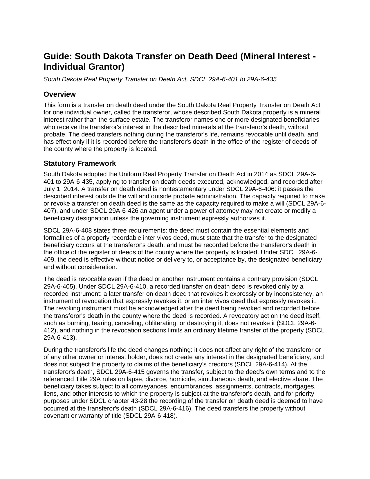 Hanson County Transfer on Death Deed (Mineral Interest - Individual Grantor) Guide