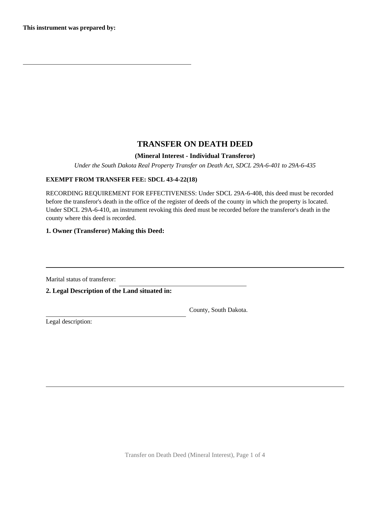 Hanson County Transfer on Death Deed (Mineral Interest - Individual Grantor) Form