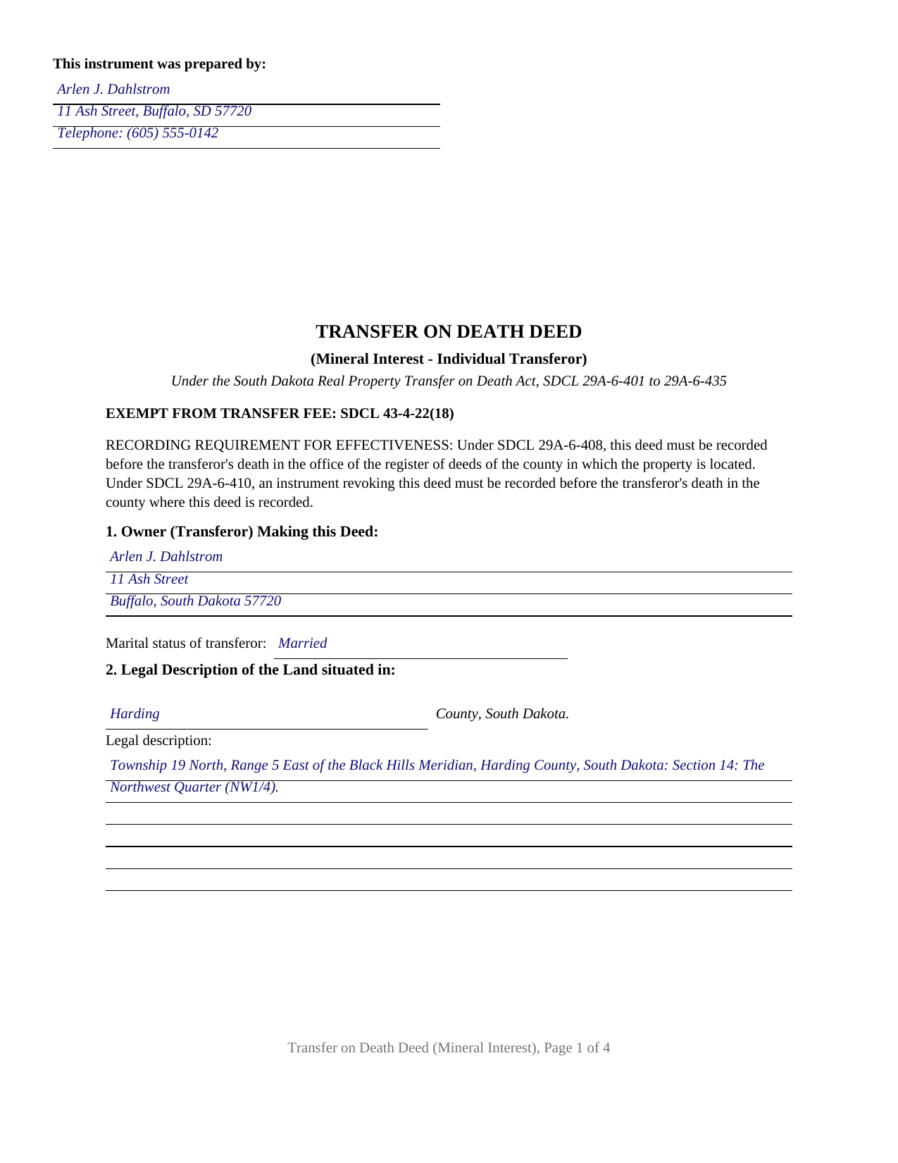 Hanson County Completed Example of the Transfer on Death Deed (Mineral Interest - Individual Grantor) Document