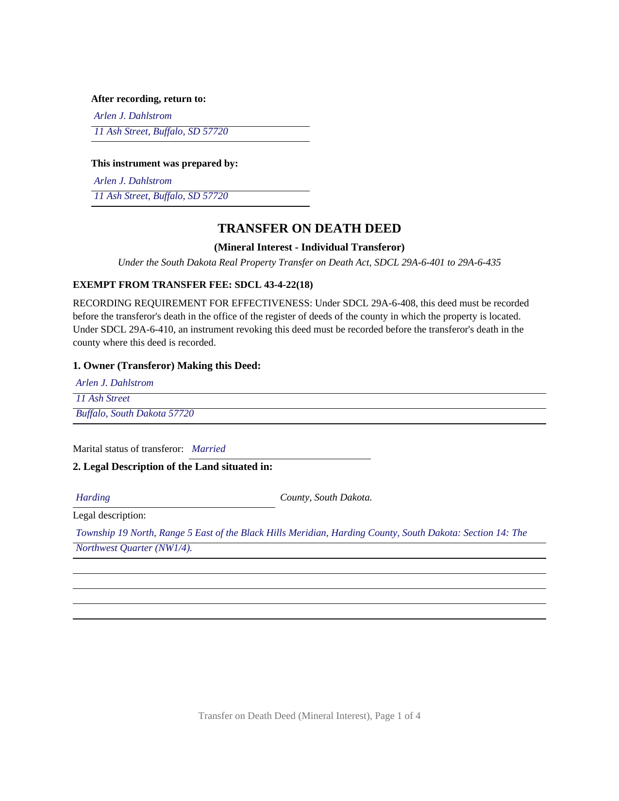Marshall County Completed Example of the Transfer on Death Deed (Mineral Interest - Individual Grantor) Document