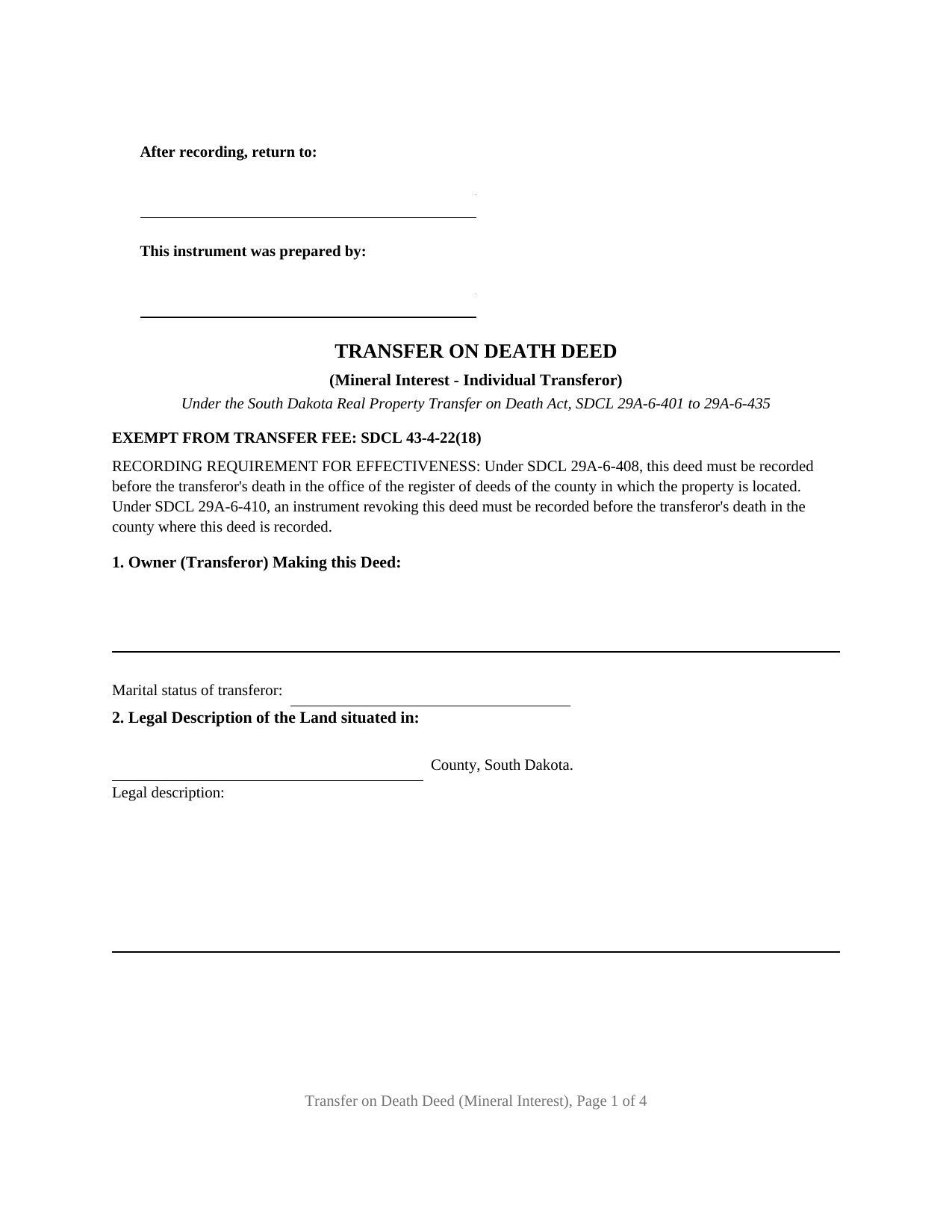 Marshall County Transfer on Death Deed (Mineral Interest - Individual Grantor) Form