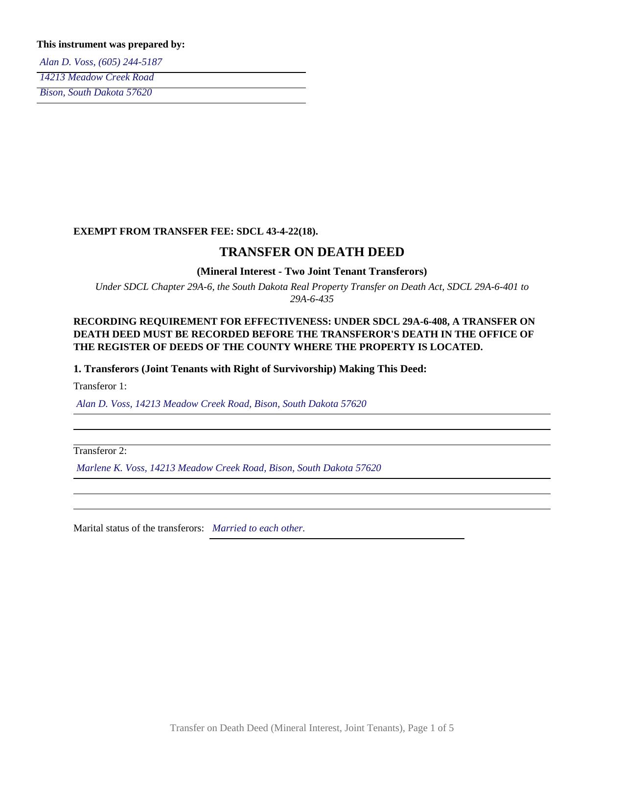 Mellette County Completed Example of the Transfer on Death Deed (Mineral Interest - Two Joint Tenant Transferors) Document