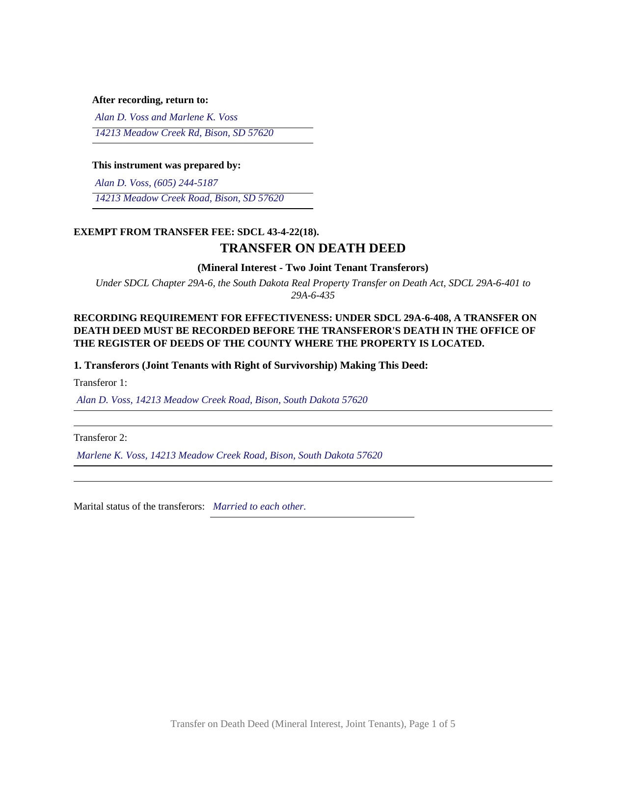 Hyde County Completed Example of the Transfer on Death Deed (Mineral Interest - Two Joint Tenant Transferors) Document