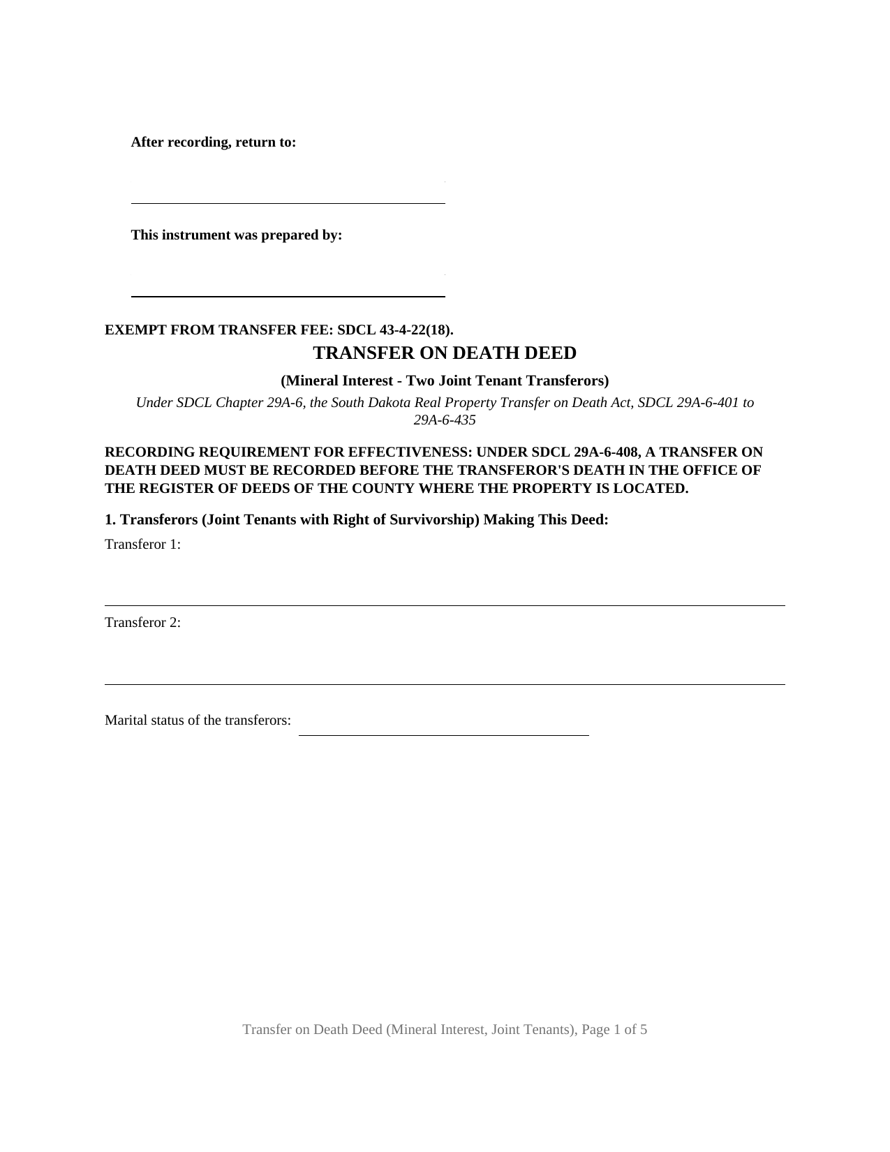Hyde County Transfer on Death Deed (Mineral Interest - Two Joint Tenant Transferors) Form