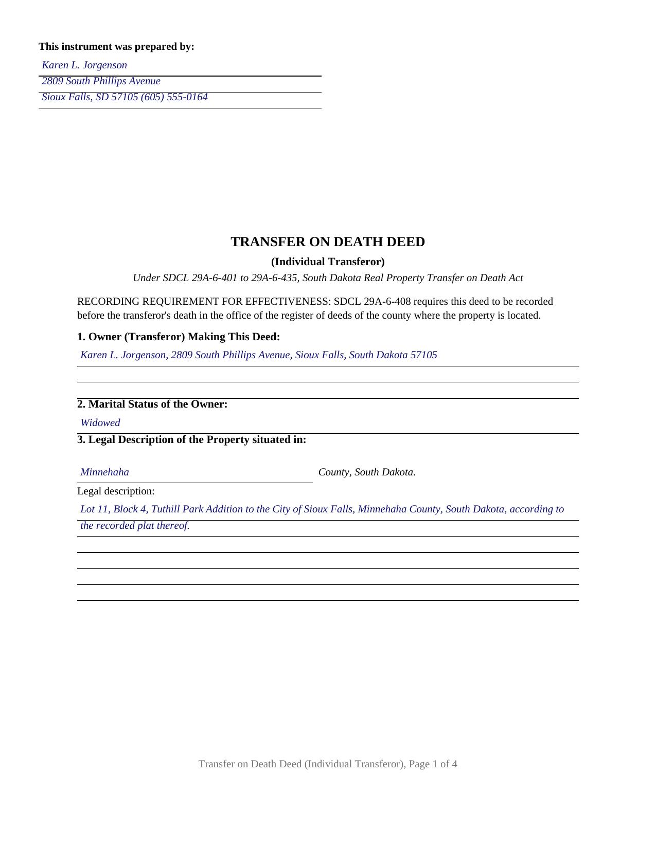 Grant County Completed Example of the Transfer on Death Deed Document
