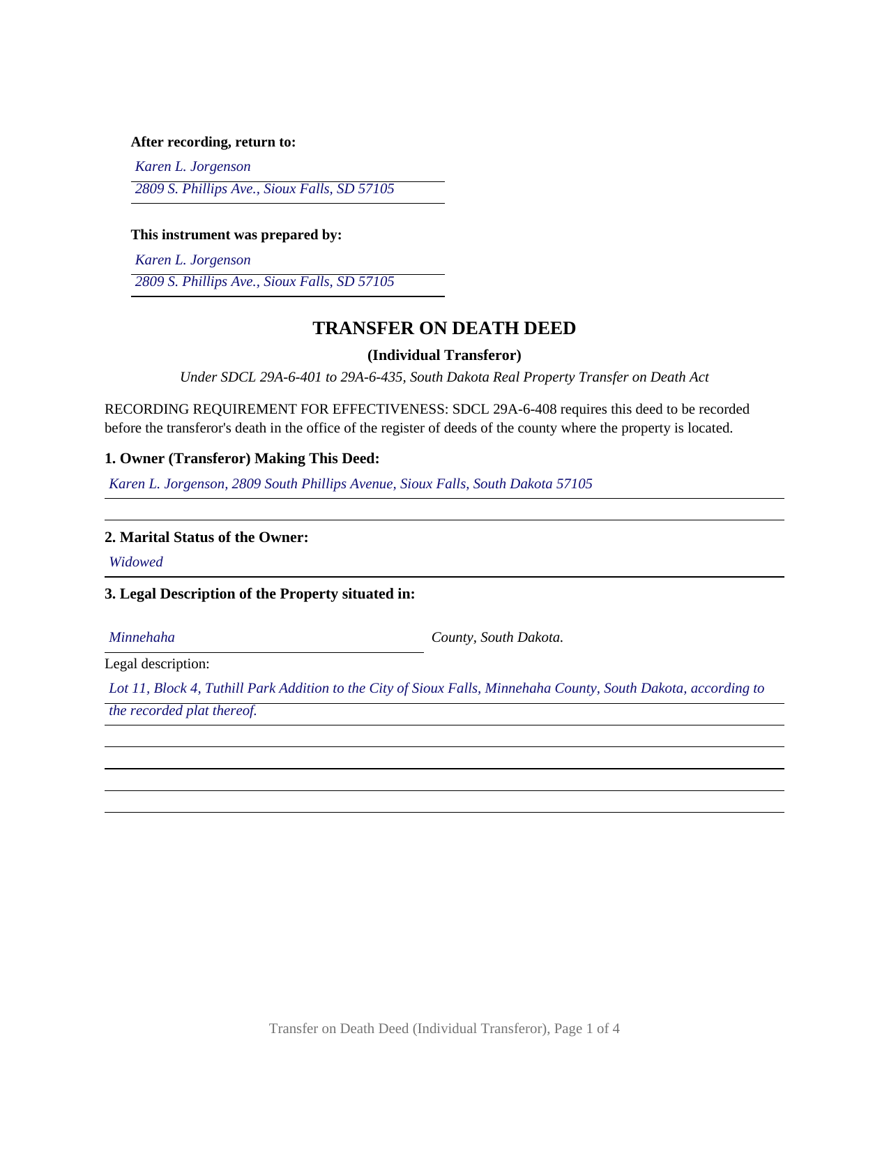Mccook County Completed Example of the Transfer on Death Deed Document