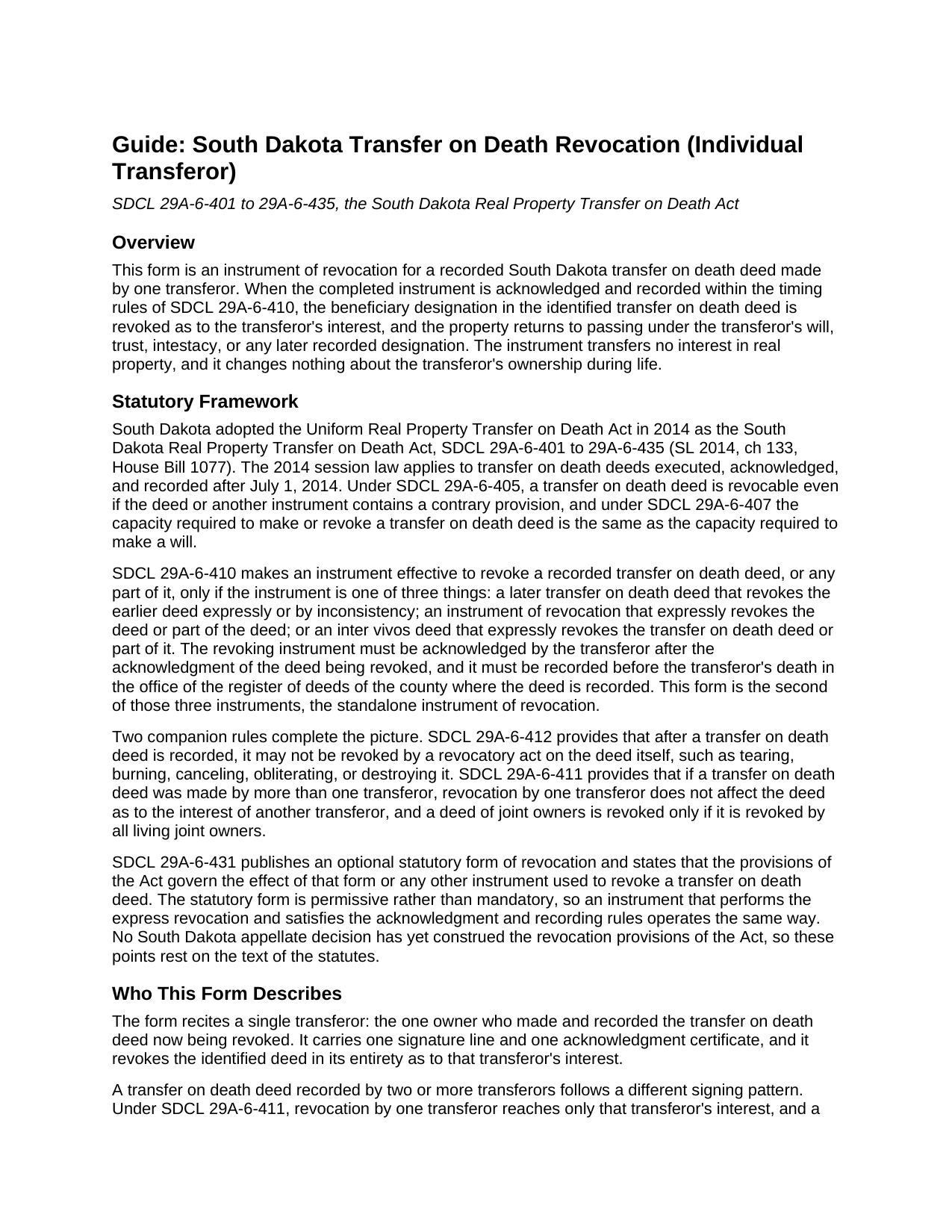 Mellette County Transfer on Death Revocation (Individual Transferor) Guide