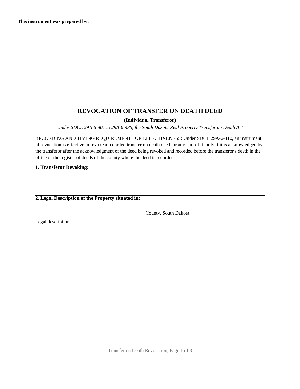 Mellette County Transfer on Death Revocation (Individual Transferor) Form