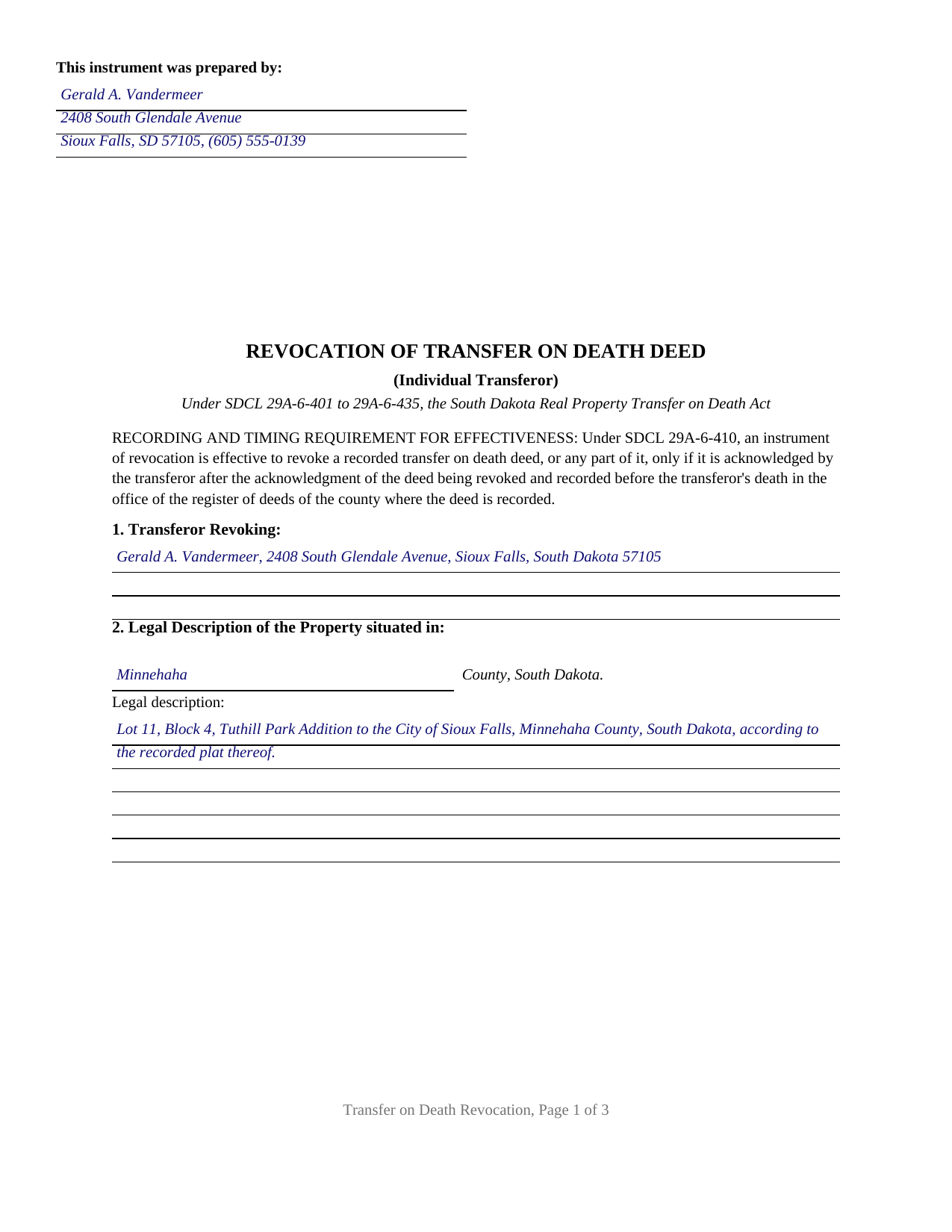 Mellette County Completed Example of the Transfer on Death Revocation (Individual Transferor) Document