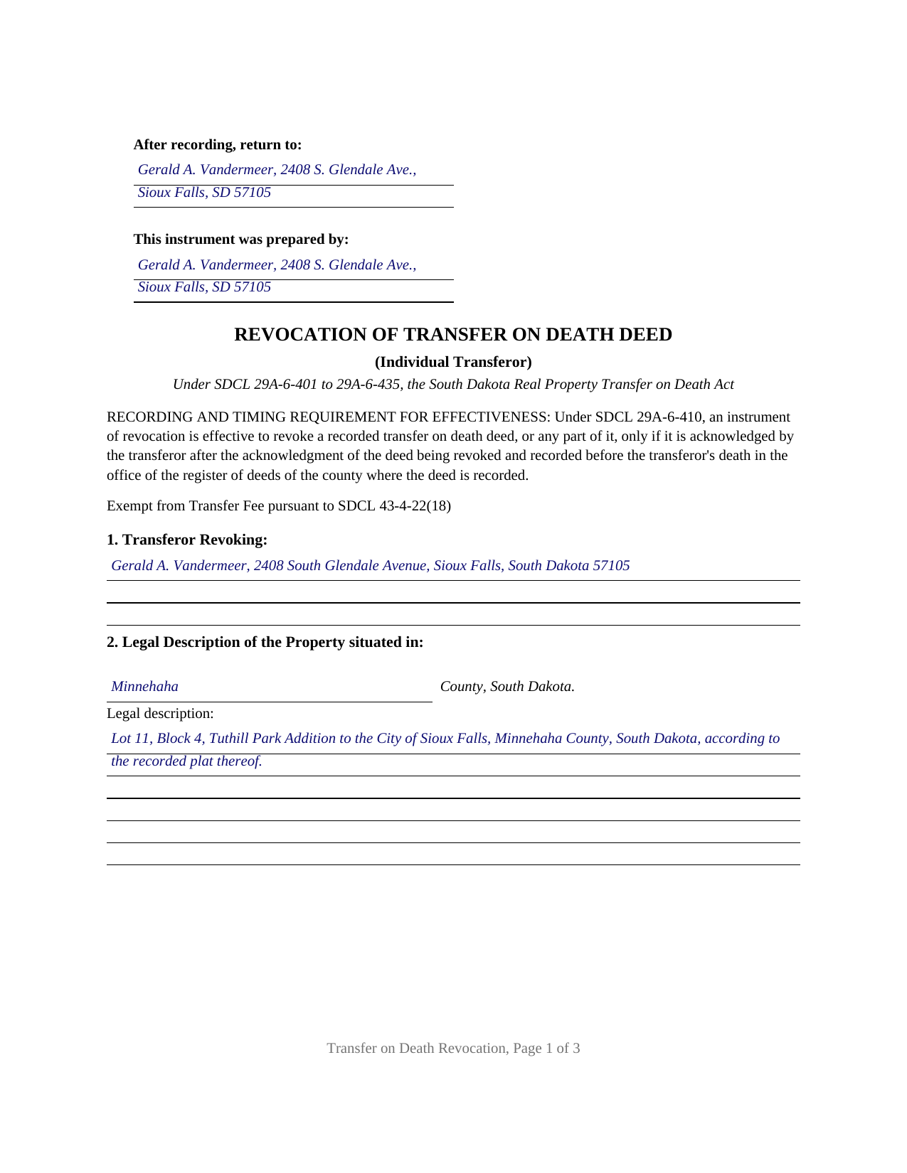 Grant County Completed Example of the Transfer on Death Revocation (Individual Transferor) Document