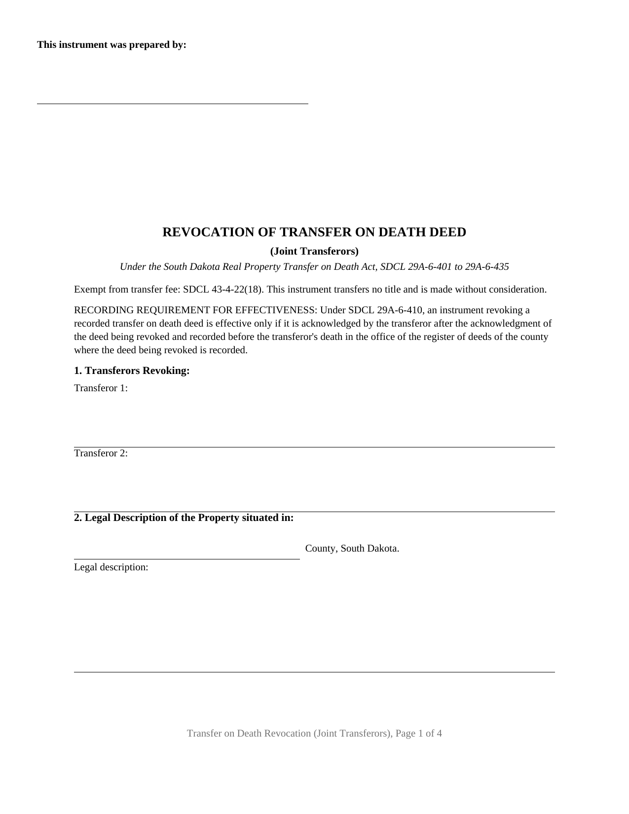 Custer County Transfer on Death Revocation (Joint Transferors) Form