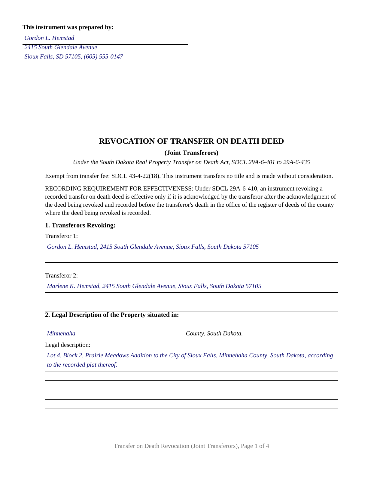 Custer County Completed Example of the Transfer on Death Revocation (Joint Transferors) Document