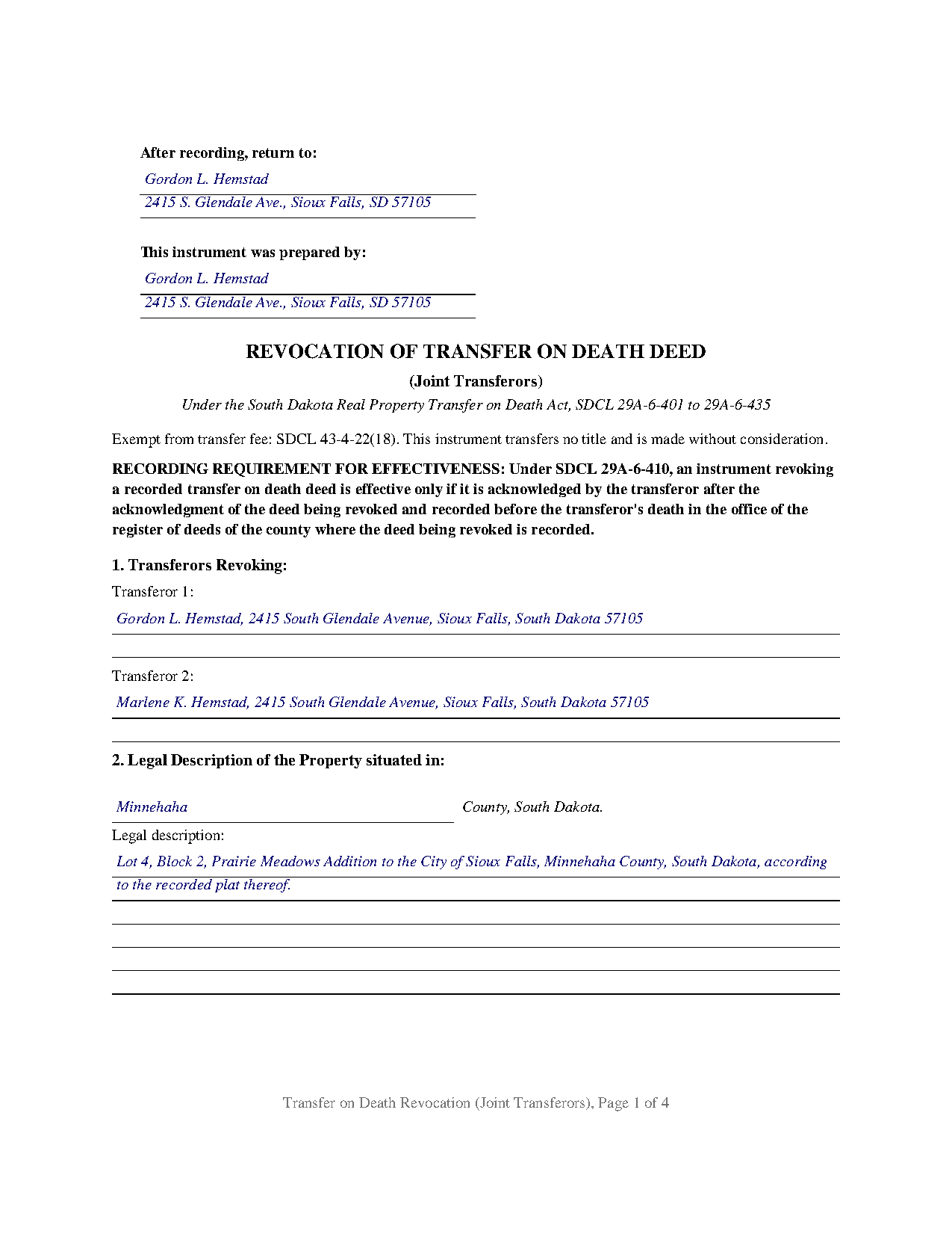 Hyde County Completed Example of the Transfer on Death Revocation (Joint Transferors) Document