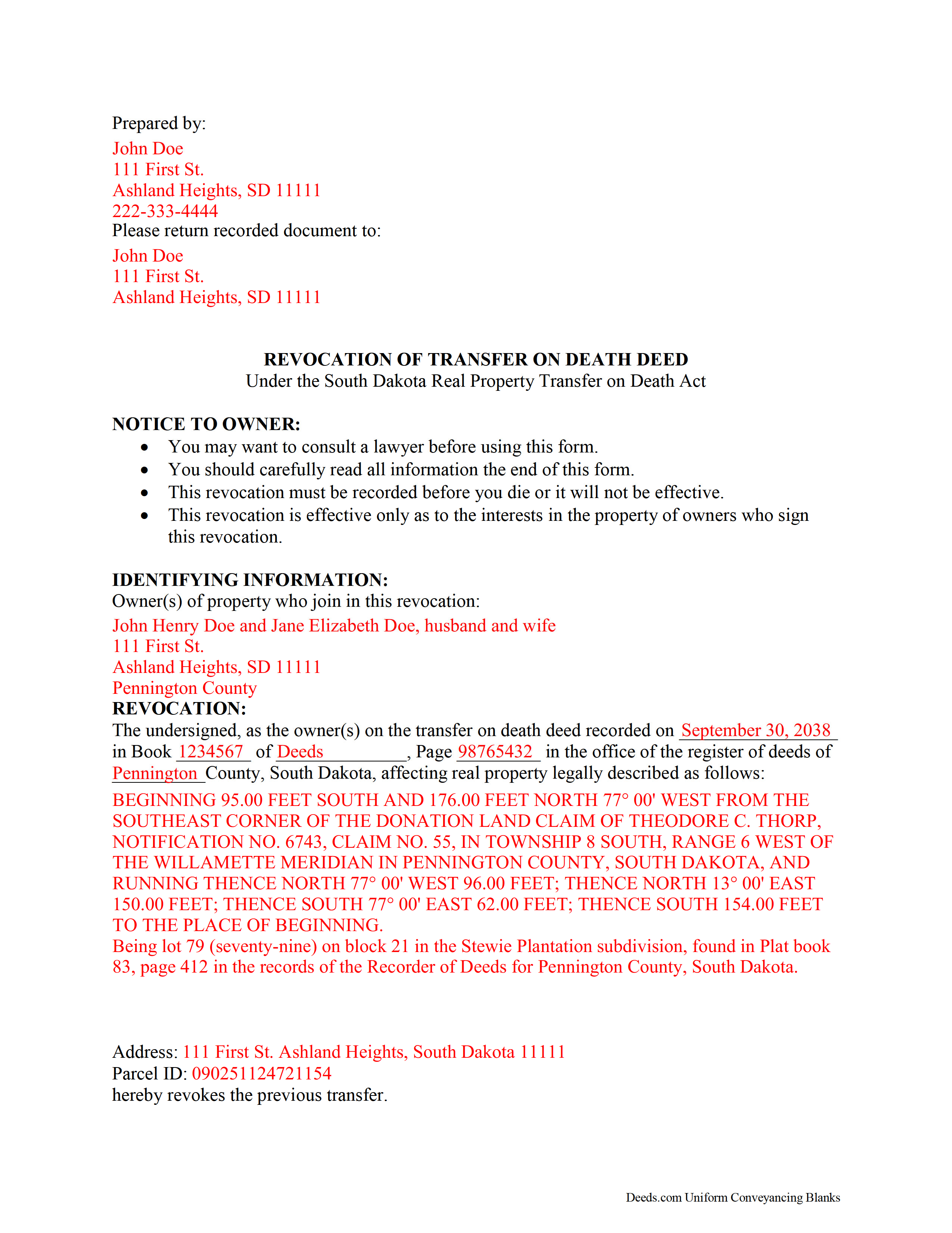 Campbell County Completed Example of the Transfer on Death Revocation Document