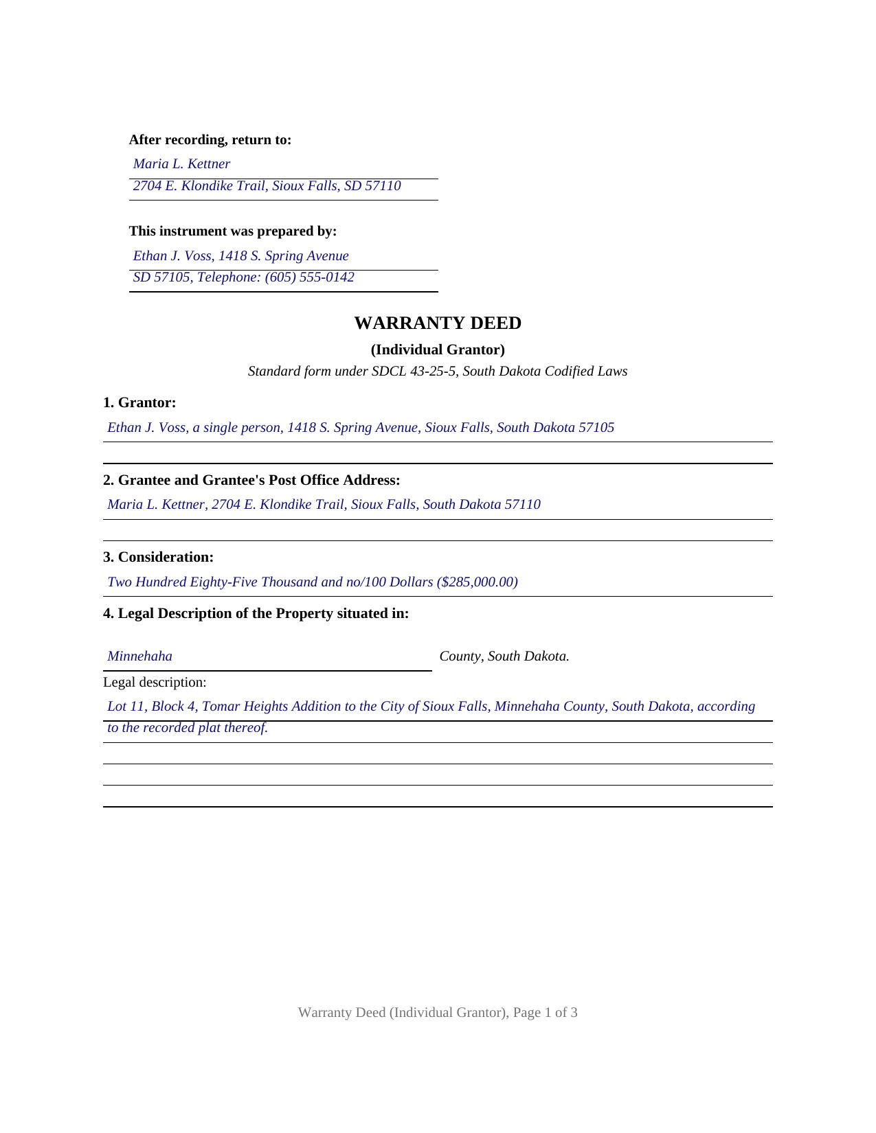 Codington County Completed Example of the Warranty Deed (Individual Grantor) Document