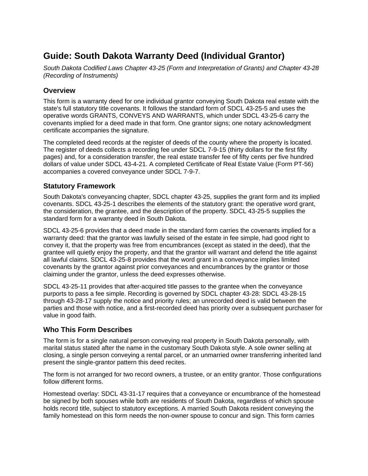 Codington County Warranty Deed (Individual Grantor) Guide
