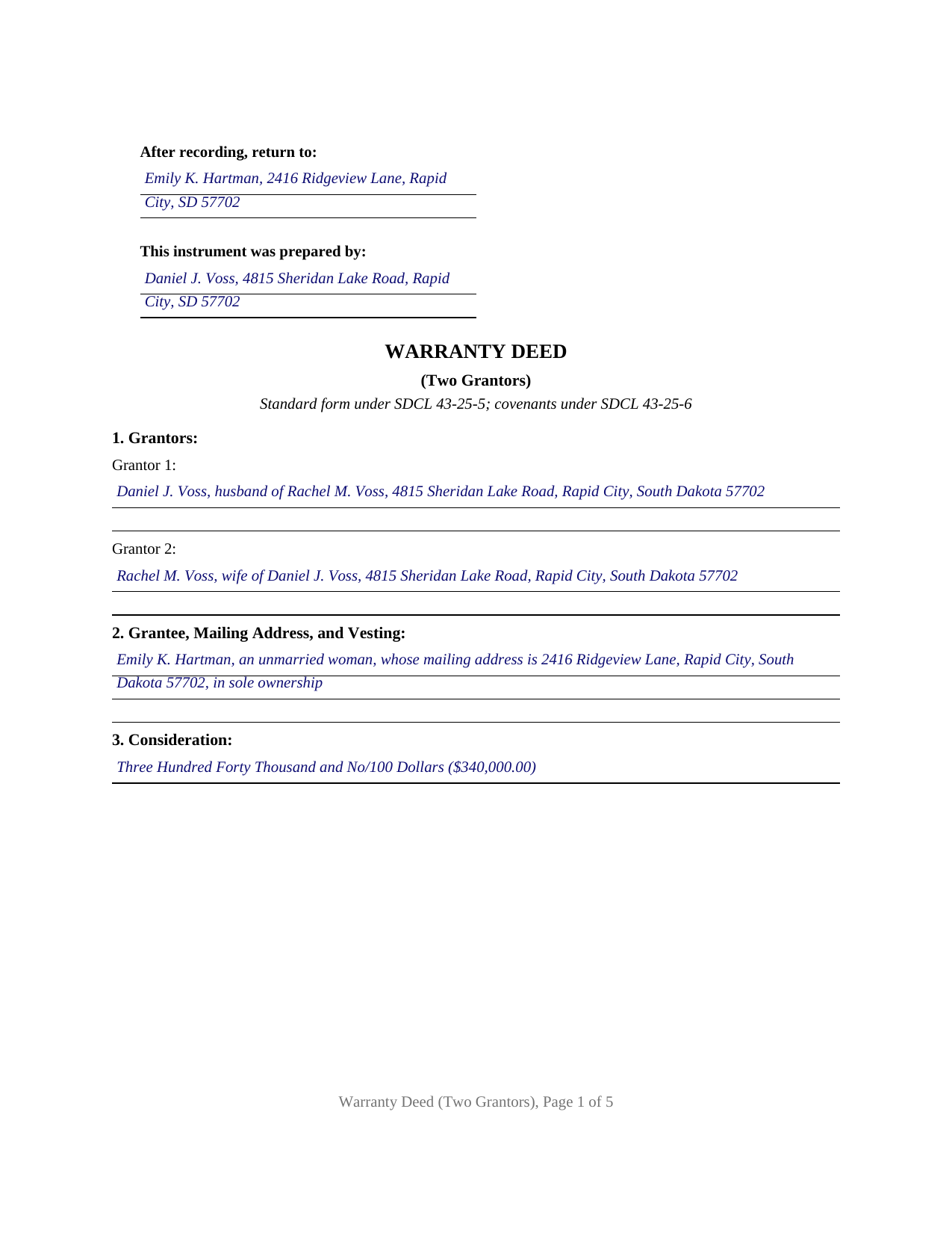 Jerauld County Completed Example of the Warranty Deed (Two Grantors) Document