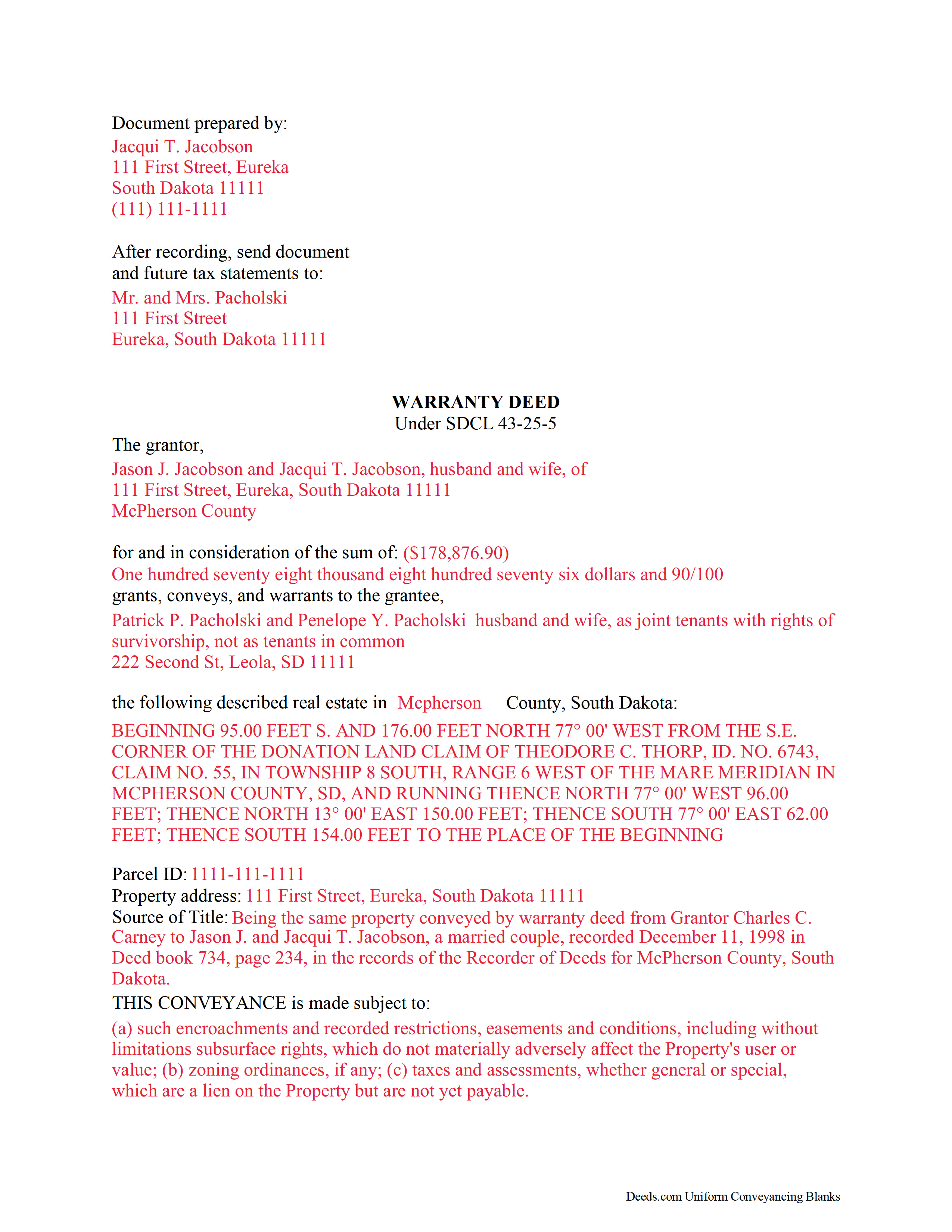 Completed Example of the Warranty Deed Document