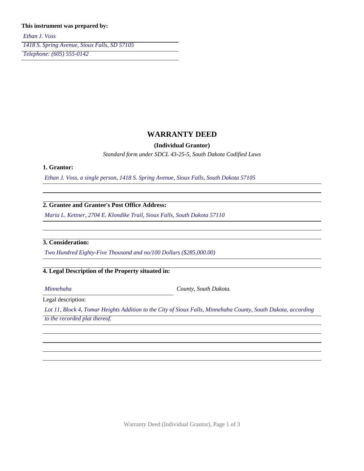 Harding County Completed Example of the Warranty Deed Document
