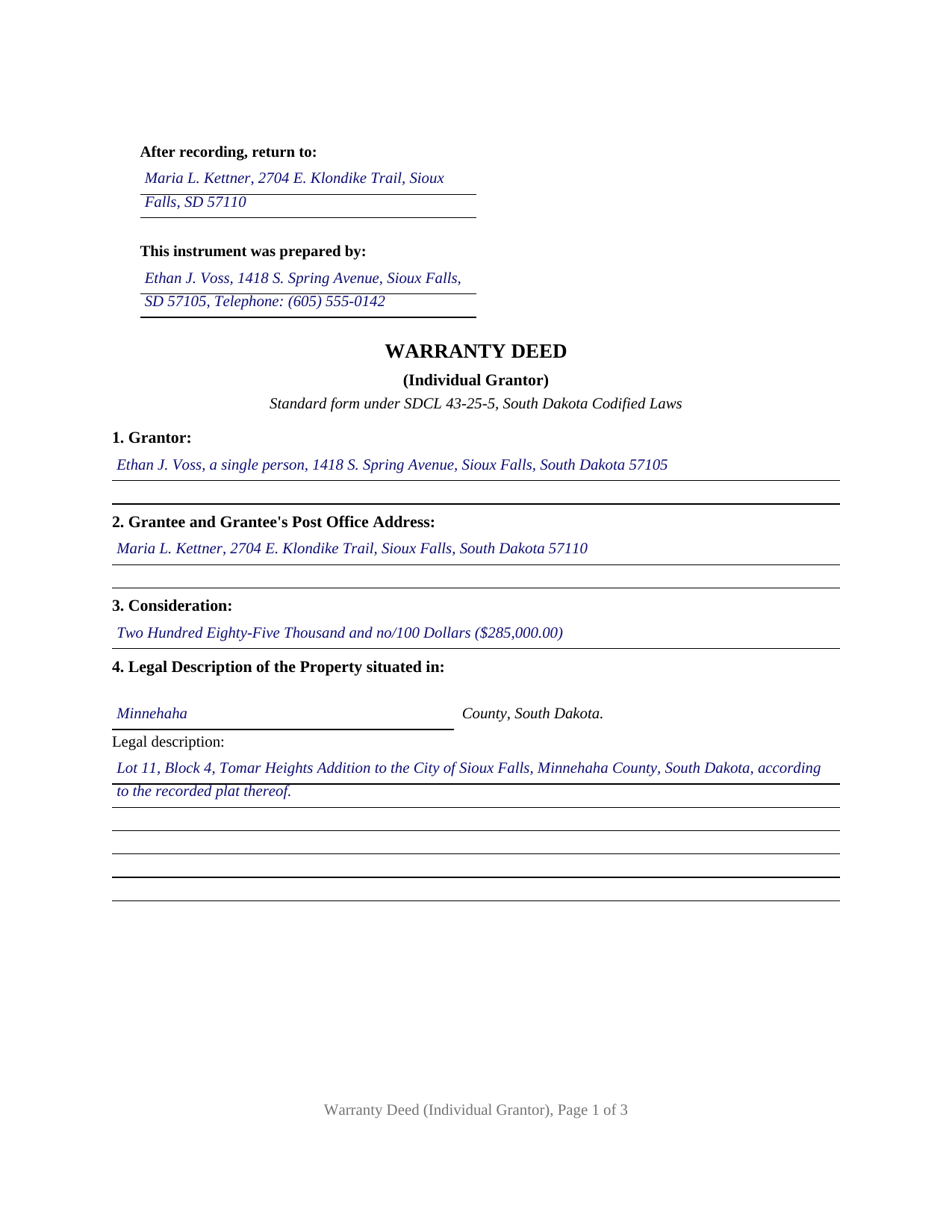 Mellette County Completed Example of the Warranty Deed Document