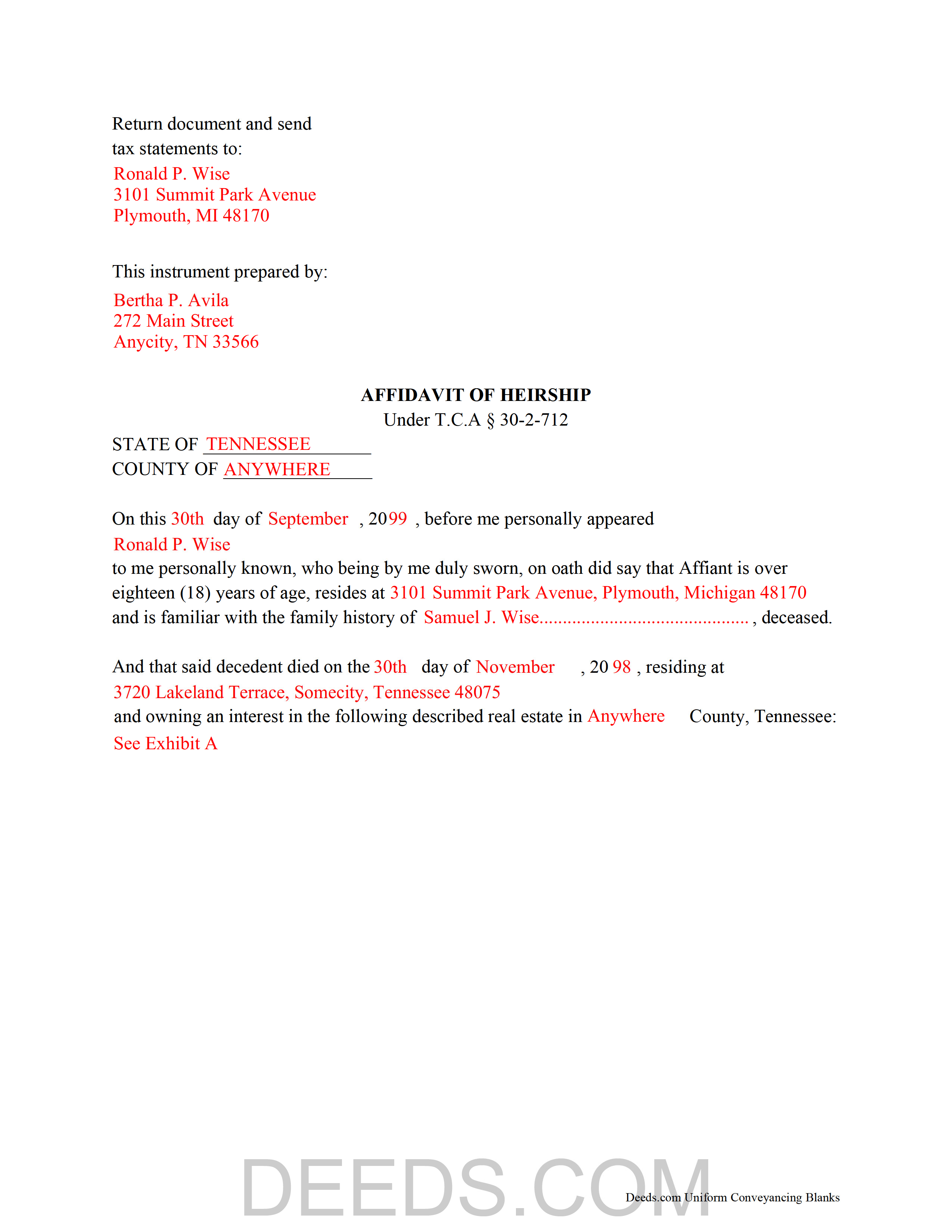 Completed Example of a Affidavit of Heirship Document