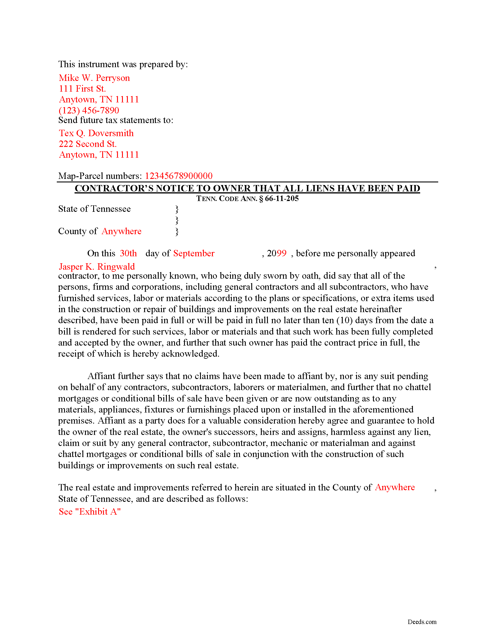 Haywood County Completed Example of the Contractor Notice of All Liens Paid Document