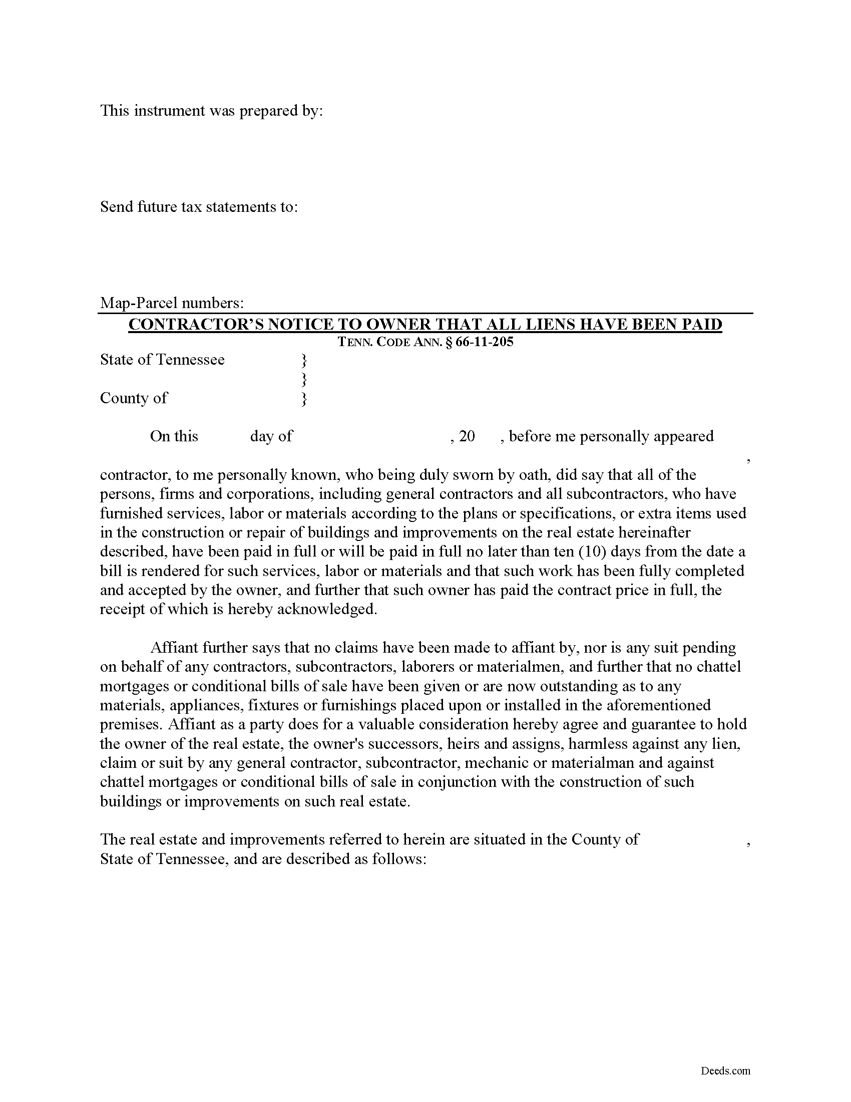 Haywood County Contractor Notice of All Liens Paid Form