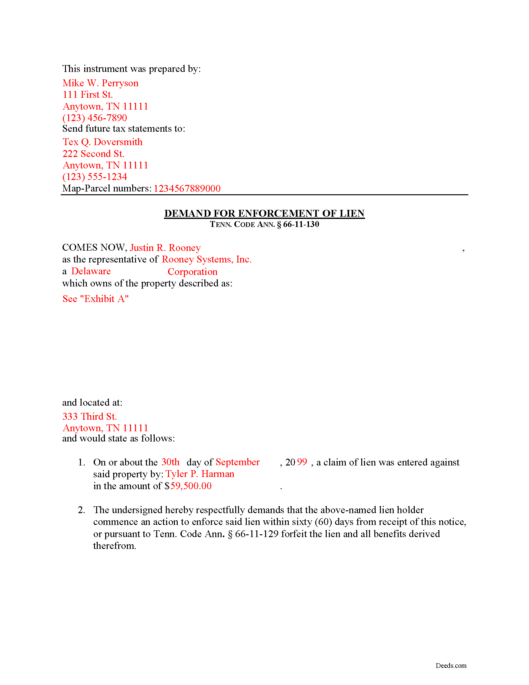 Completed Example of the Demand for Enforcement Document