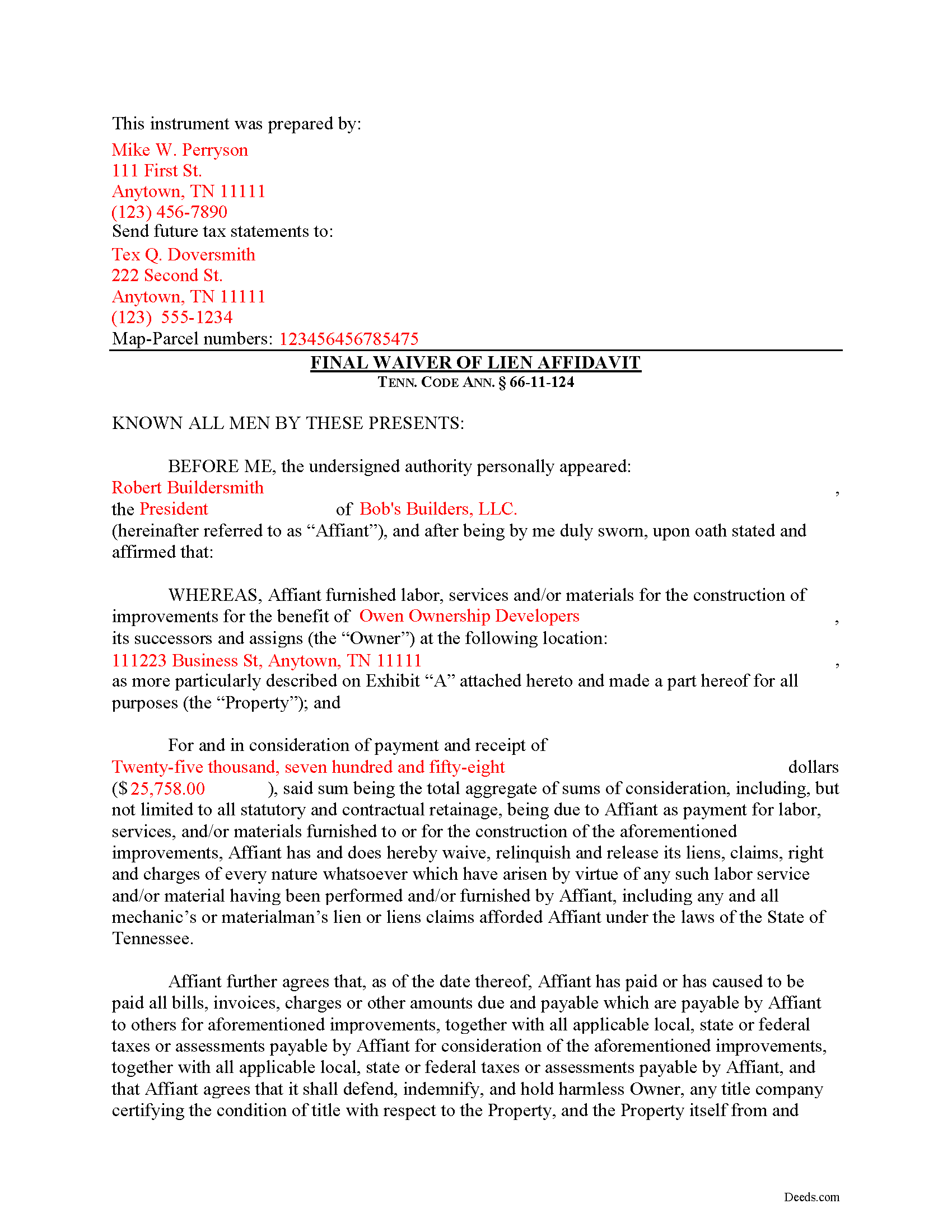 Completed Example of the Final Lien Waiver Document