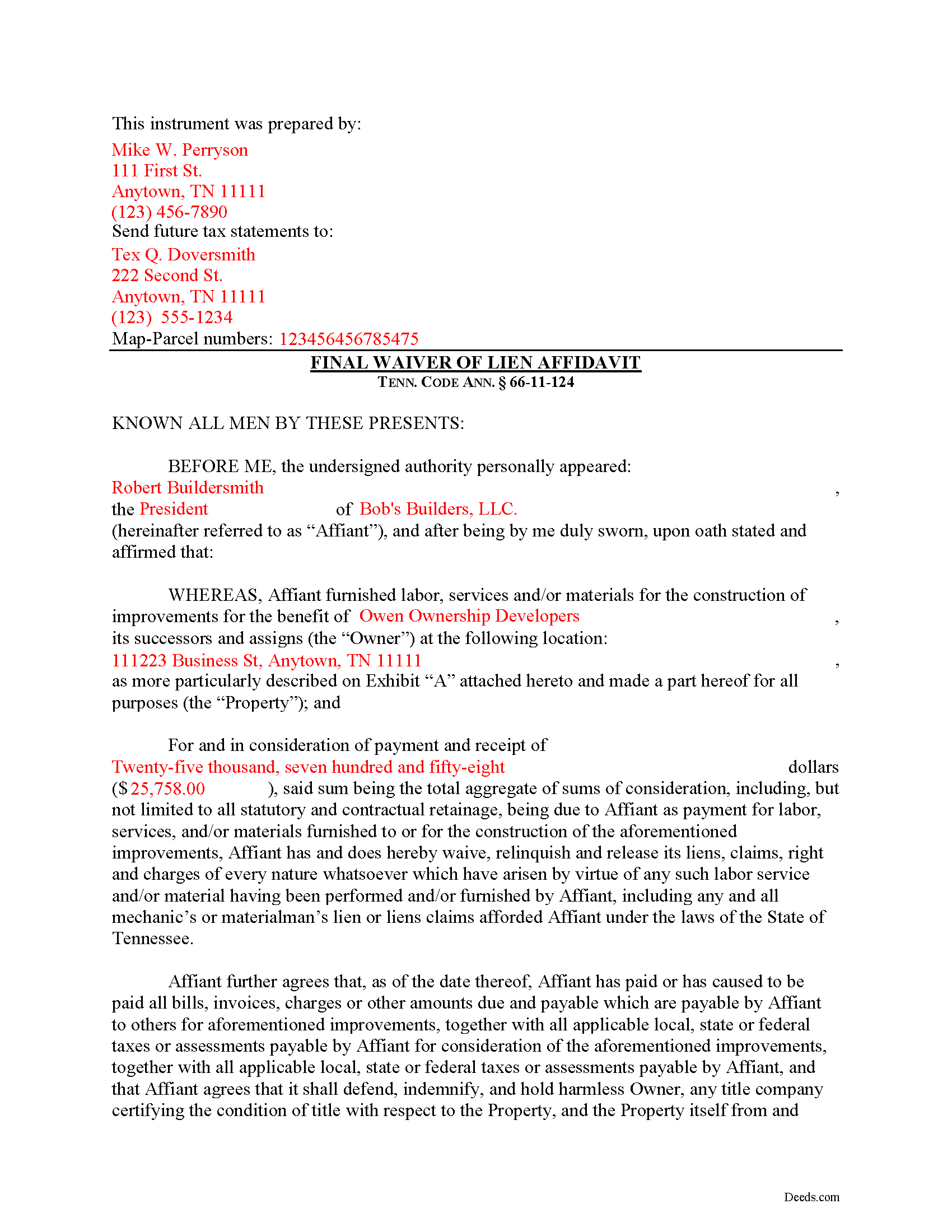 Hickman County Completed Example of the Final Lien Waiver Document