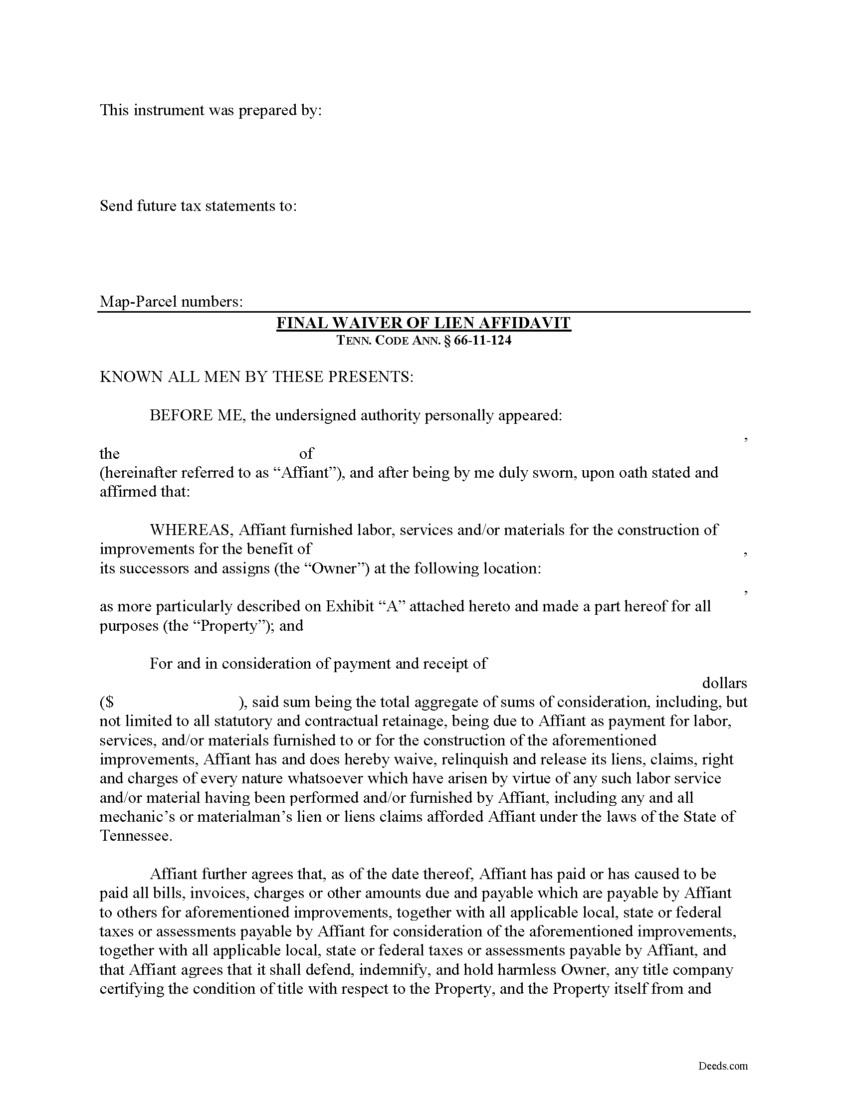 Hickman County Final Lien Waiver Form