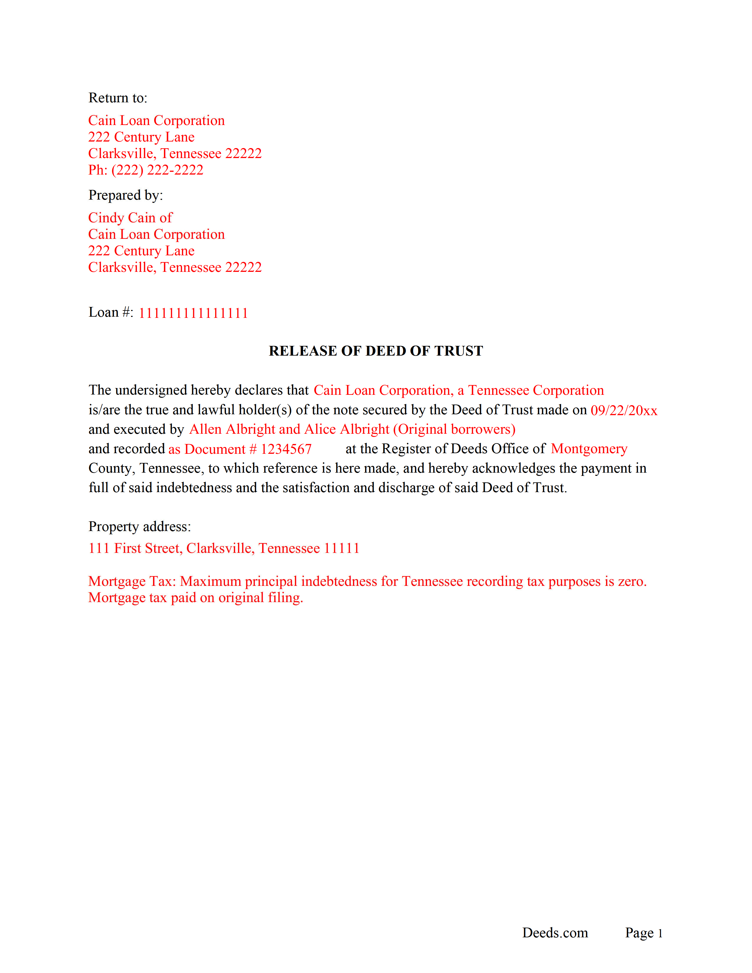 Completed Example of the Release of Deed of Trust Document