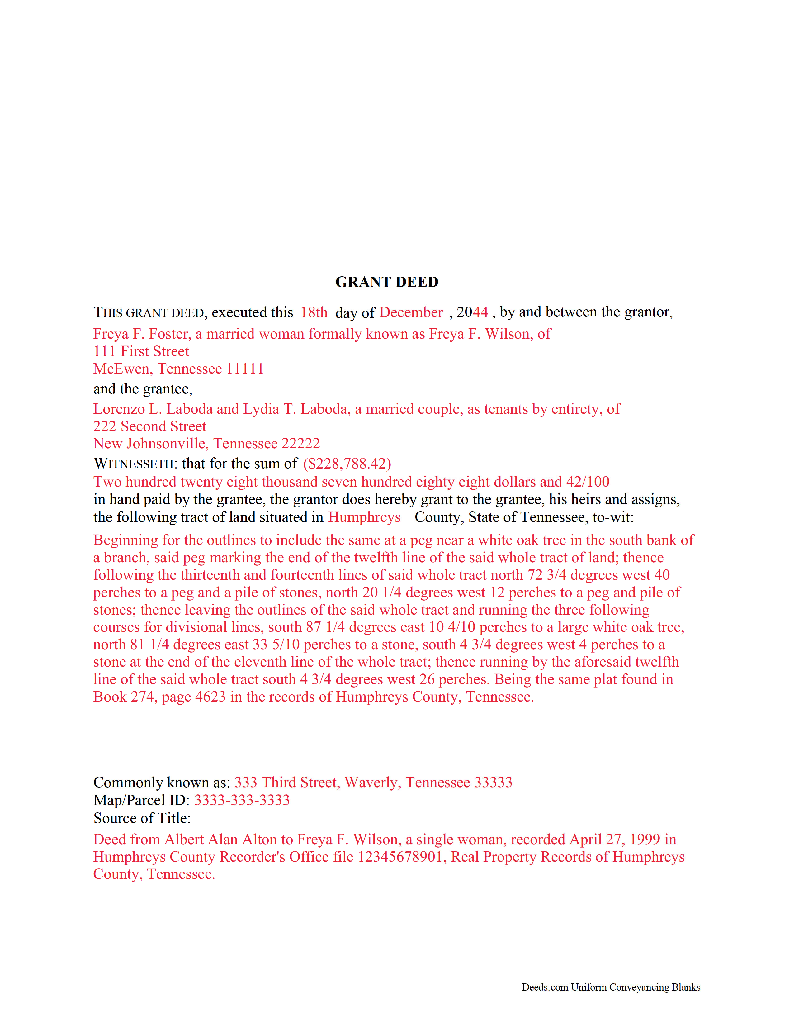 Chester County Completed Example of the Grant Deed Document