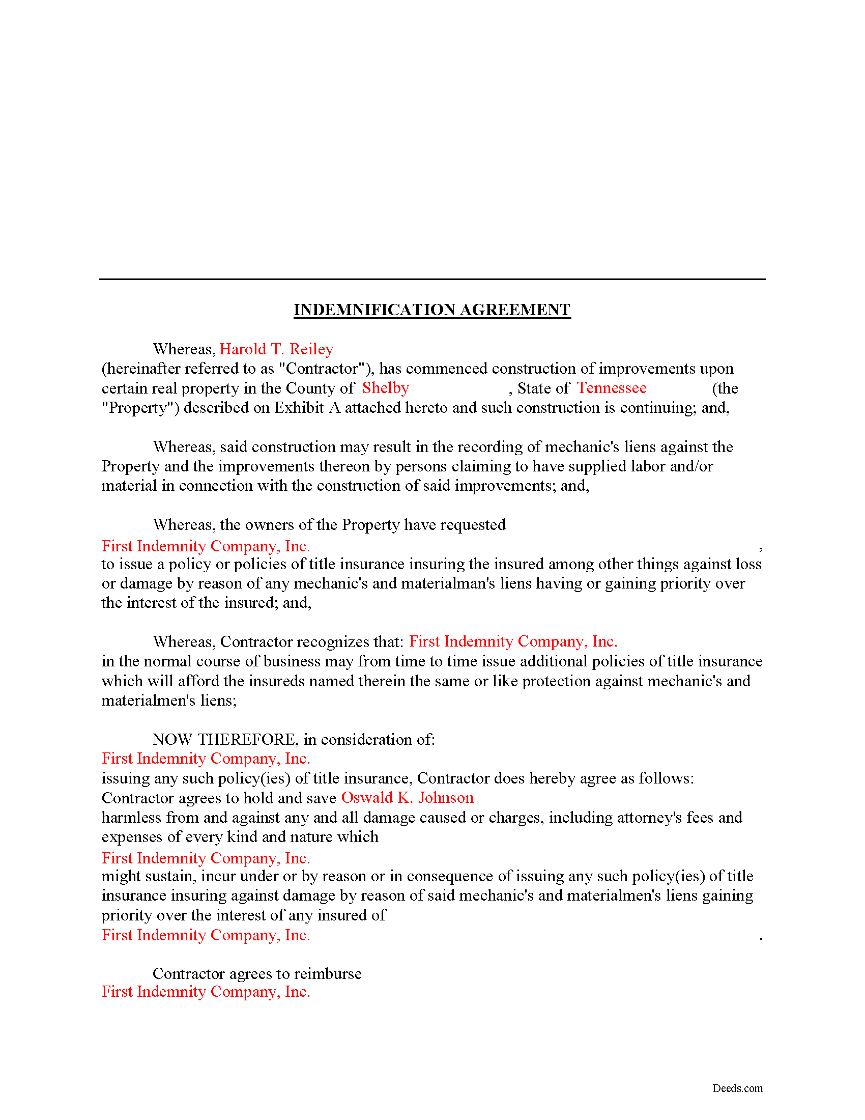 Bledsoe County Completed Example of the Indemnity Agreement Document