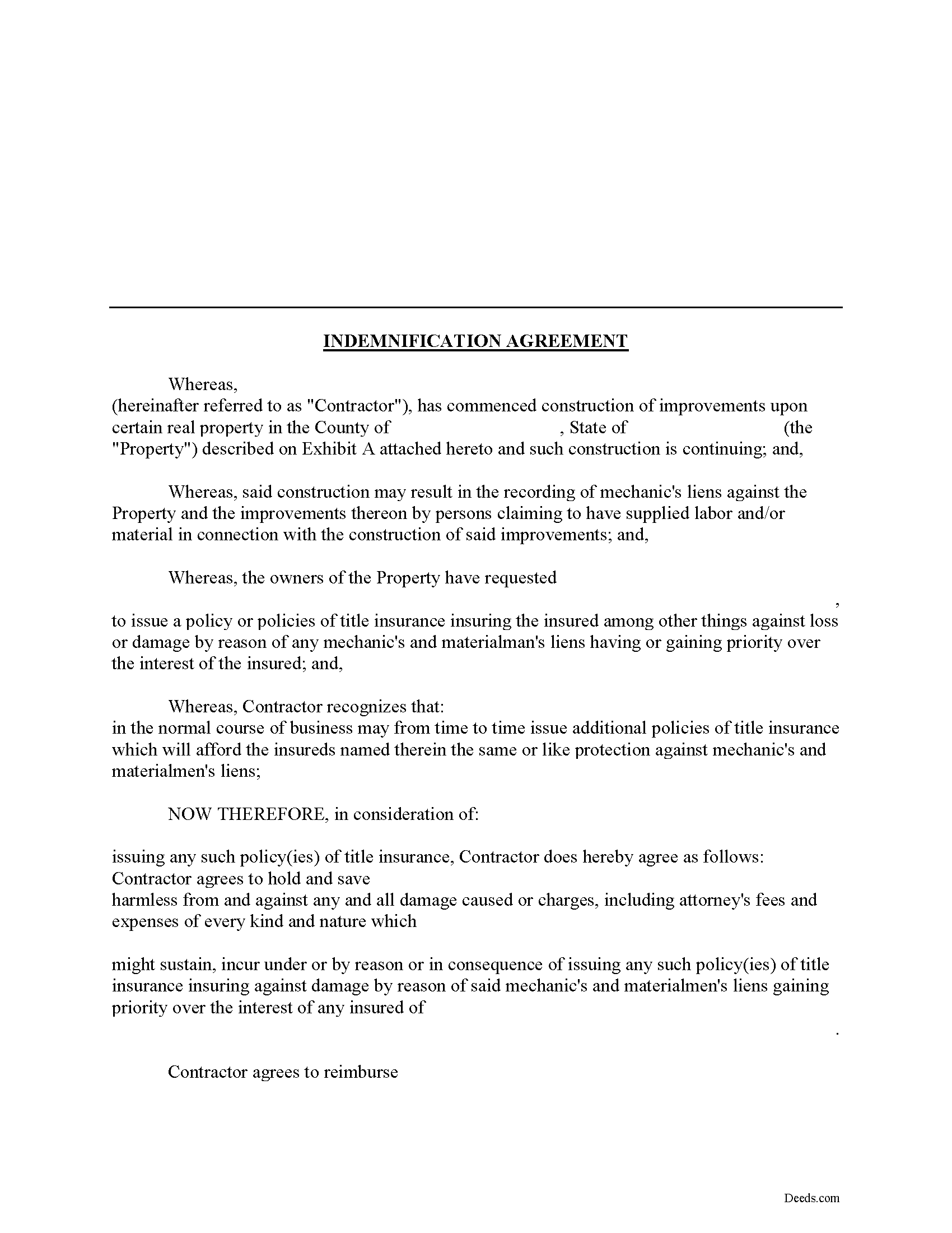 Bledsoe County Indemnity Agreement Form