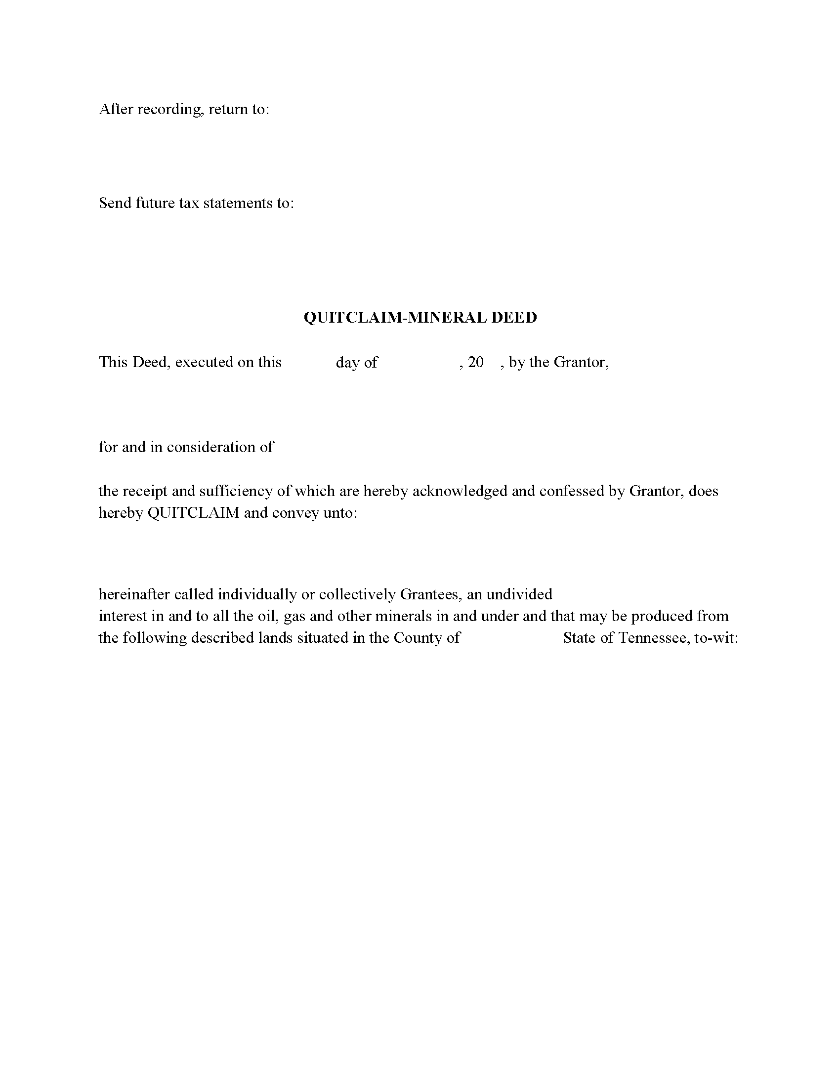 Bledsoe County Mineral Deed with Quitclaim Covenants Form