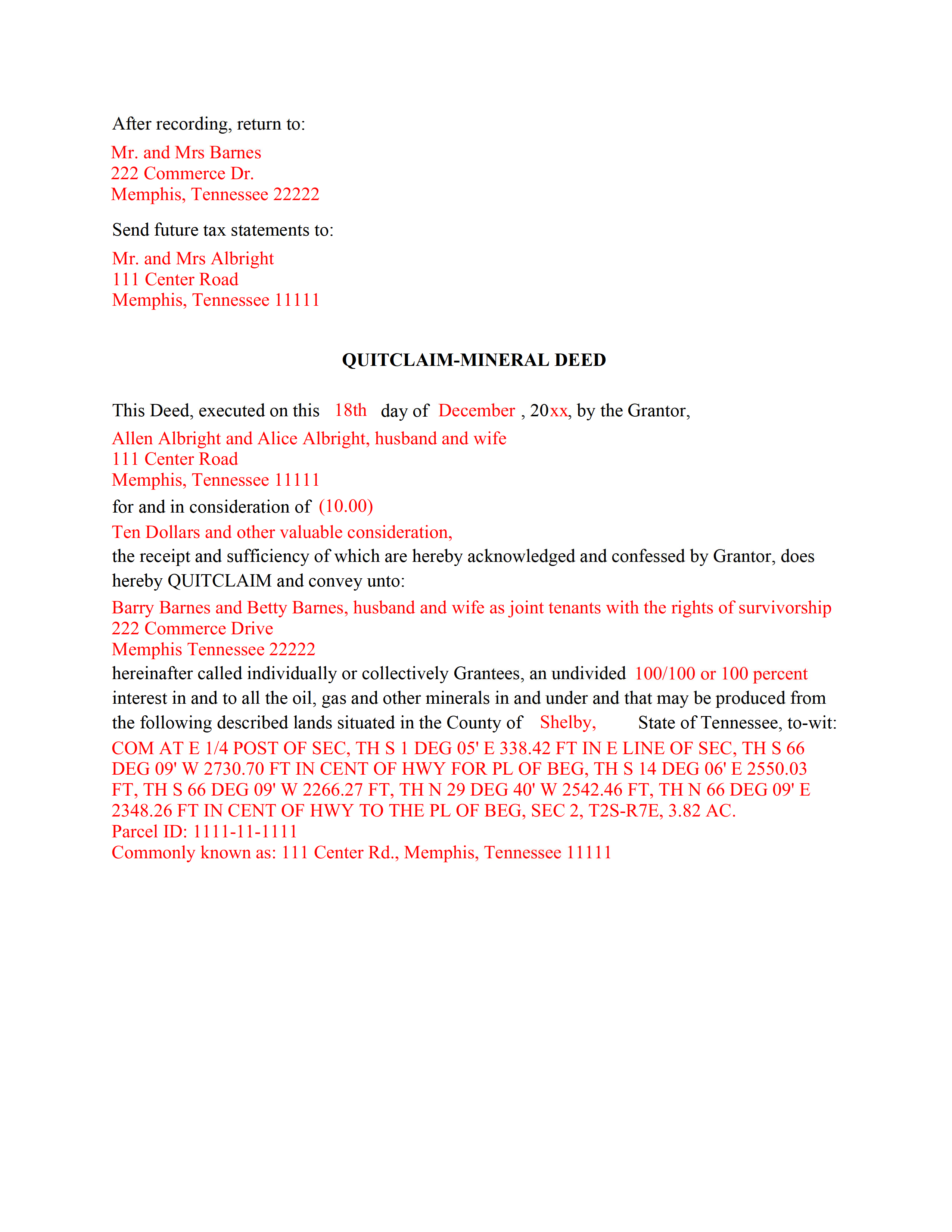 Bledsoe County Completed Example of the Mineral Deed with Quitclaim Covenants Document