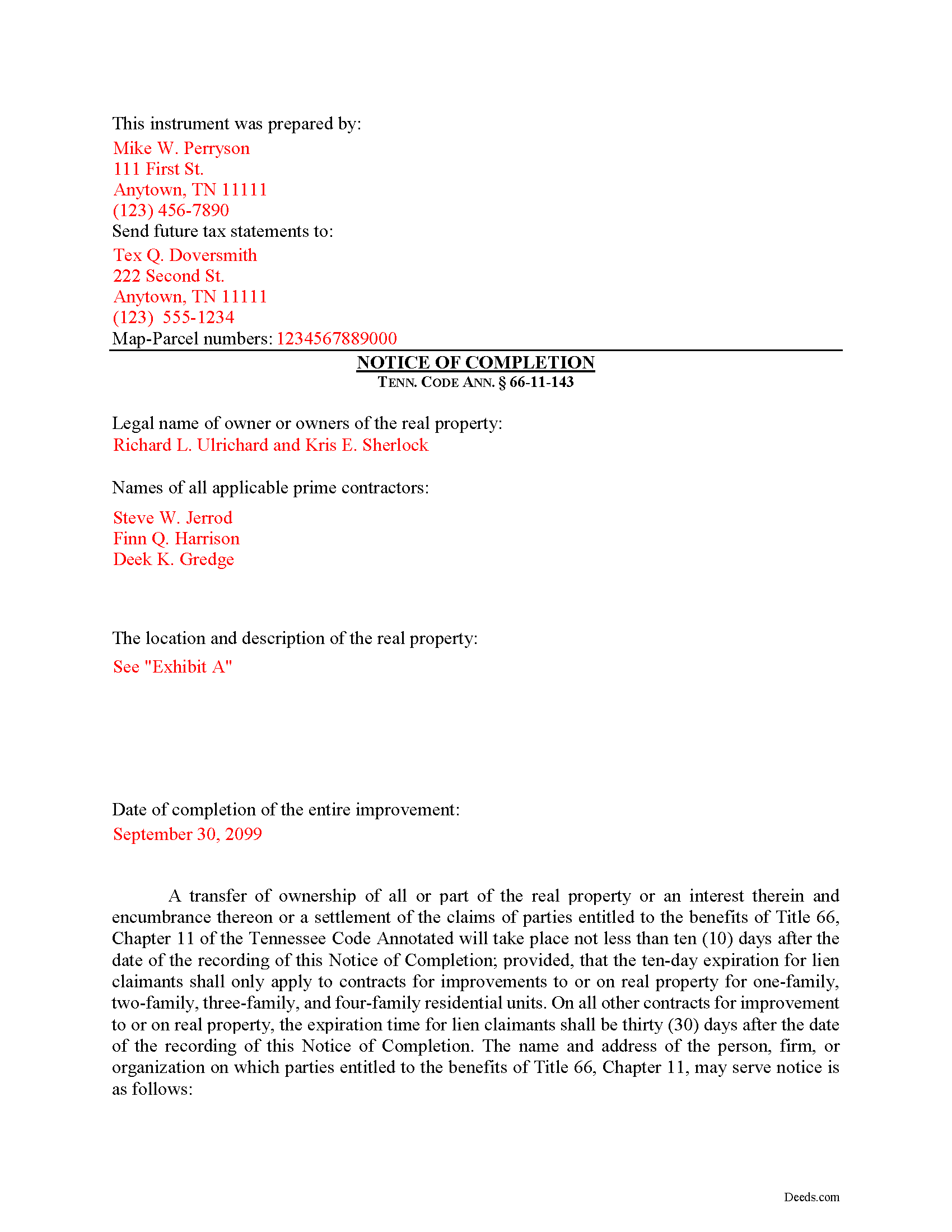 Completed Example of the Notice of Completion Document