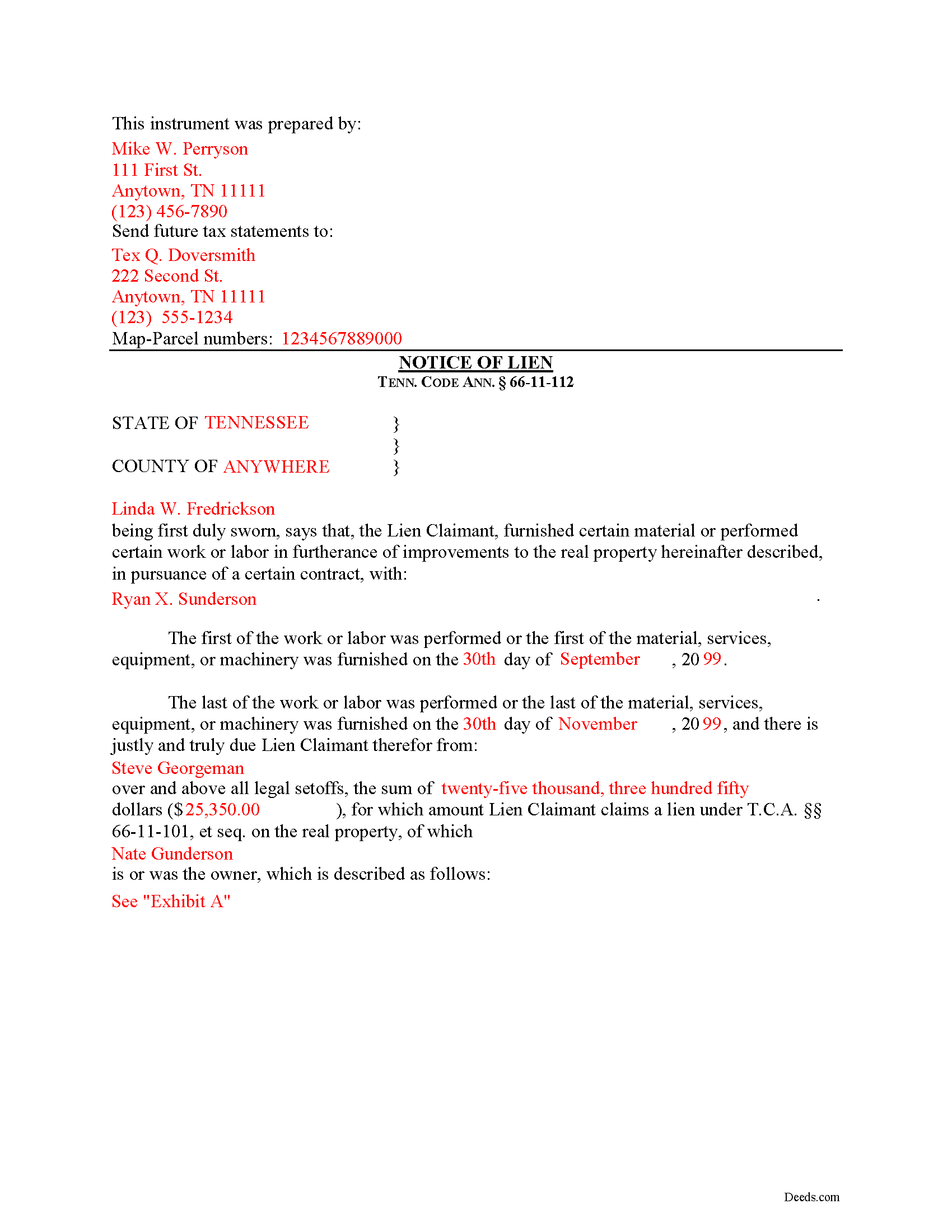 Completed Example of the Notice of Mechanics Lien Document