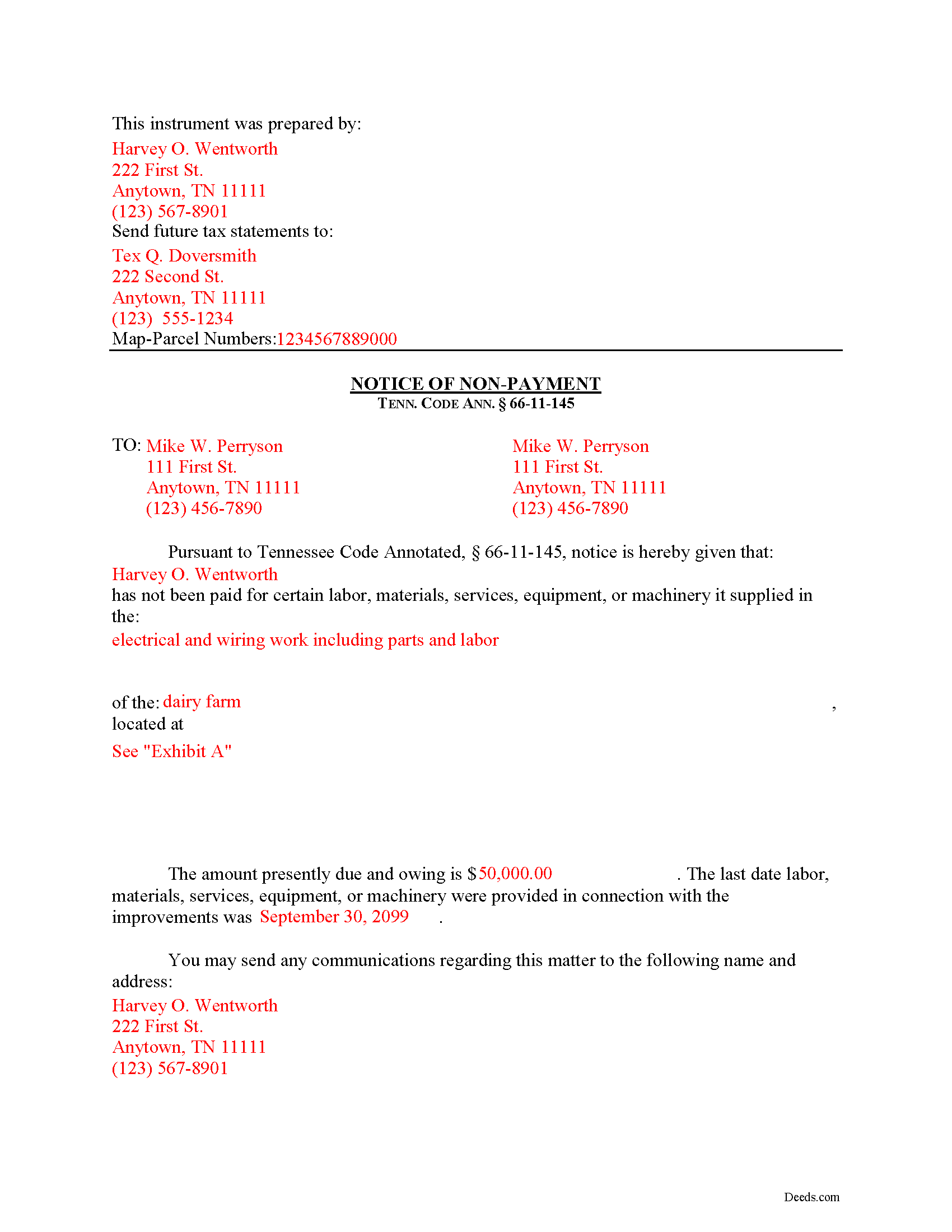 Completed Example of the Notice of Non-Payment Document