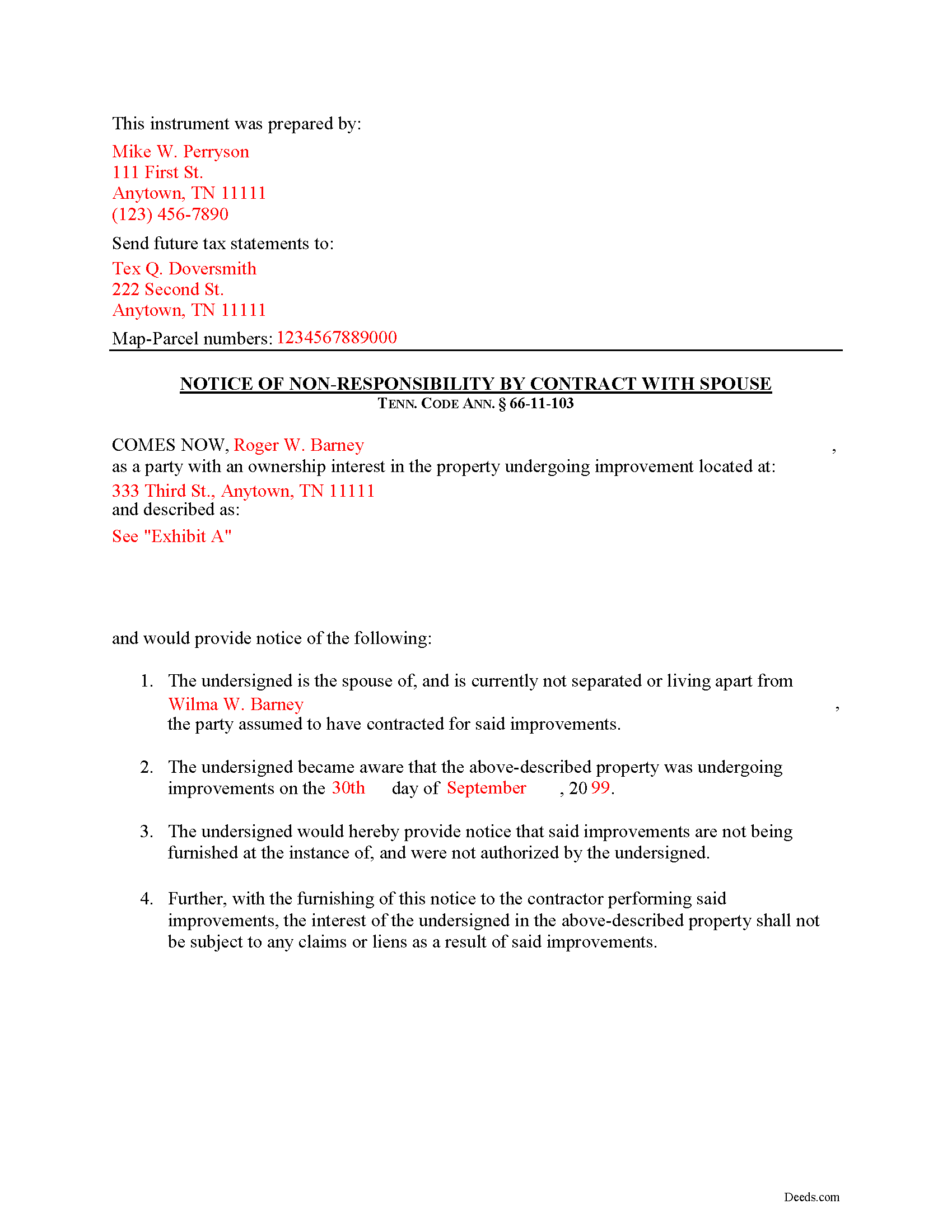 Completed Example of the Notice of Non-Responsibility Document
